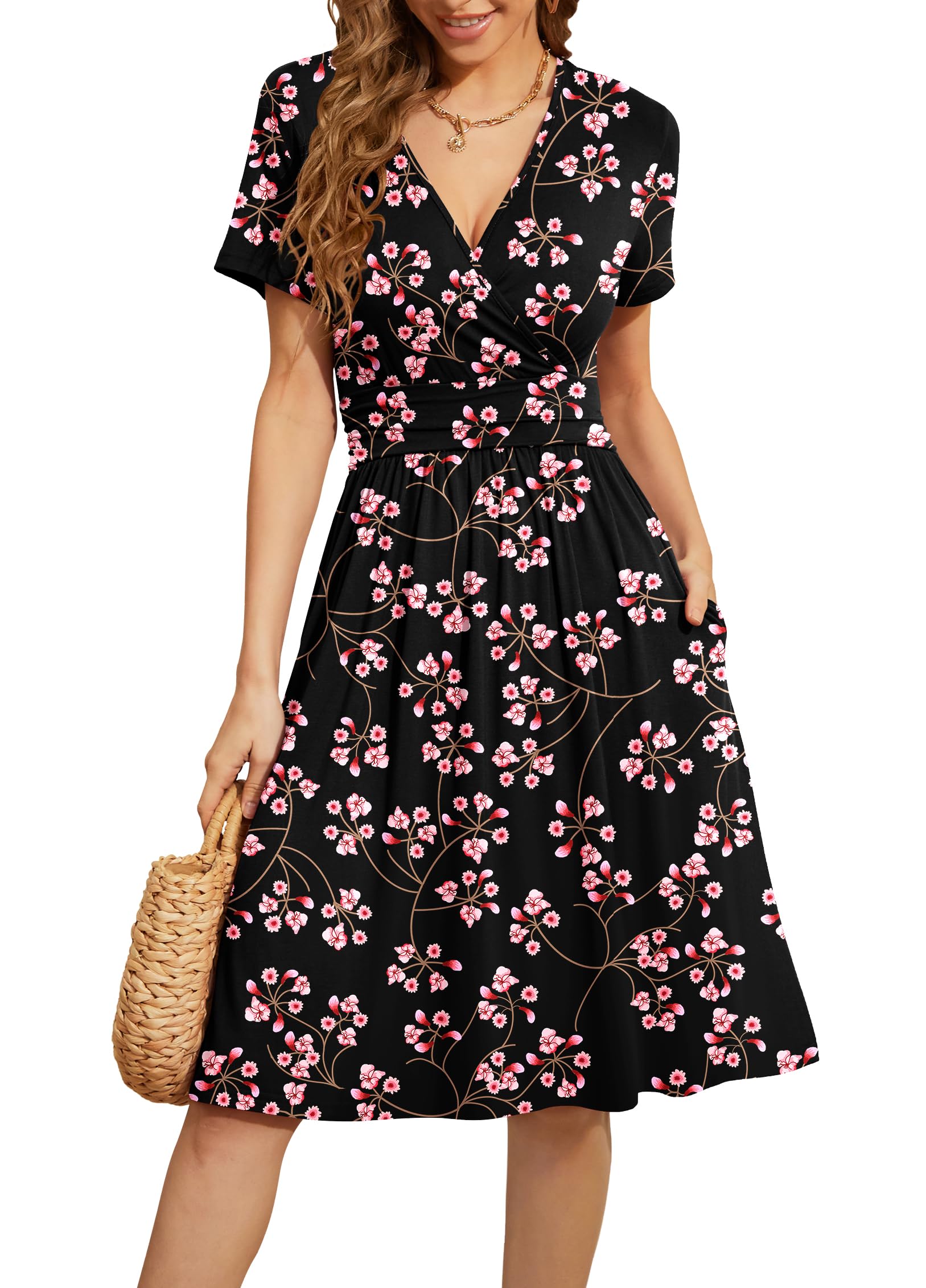 WEACZZY Women's Summer Short Sleeve Casual Dresses V-Neck Floral Party Dress with Pockets