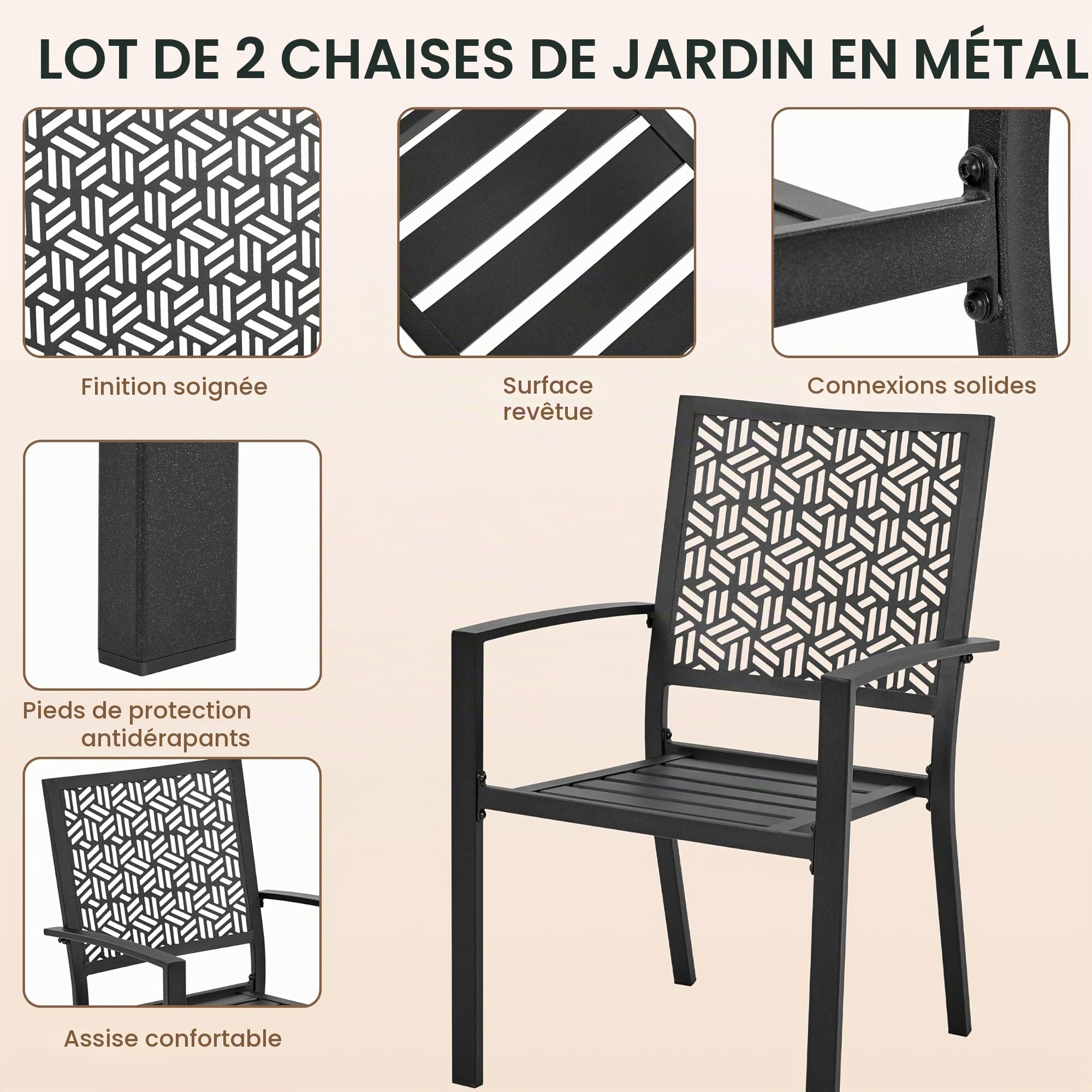 Yaheetech Lot de 2 Chaise de Jardin Chaises de Terrasse Extétieur Empilable en Métal Chaises de Salle à Manger 58 L×59,5 P×89 cm pour Patio Jardin Balcon Terrasse Noir