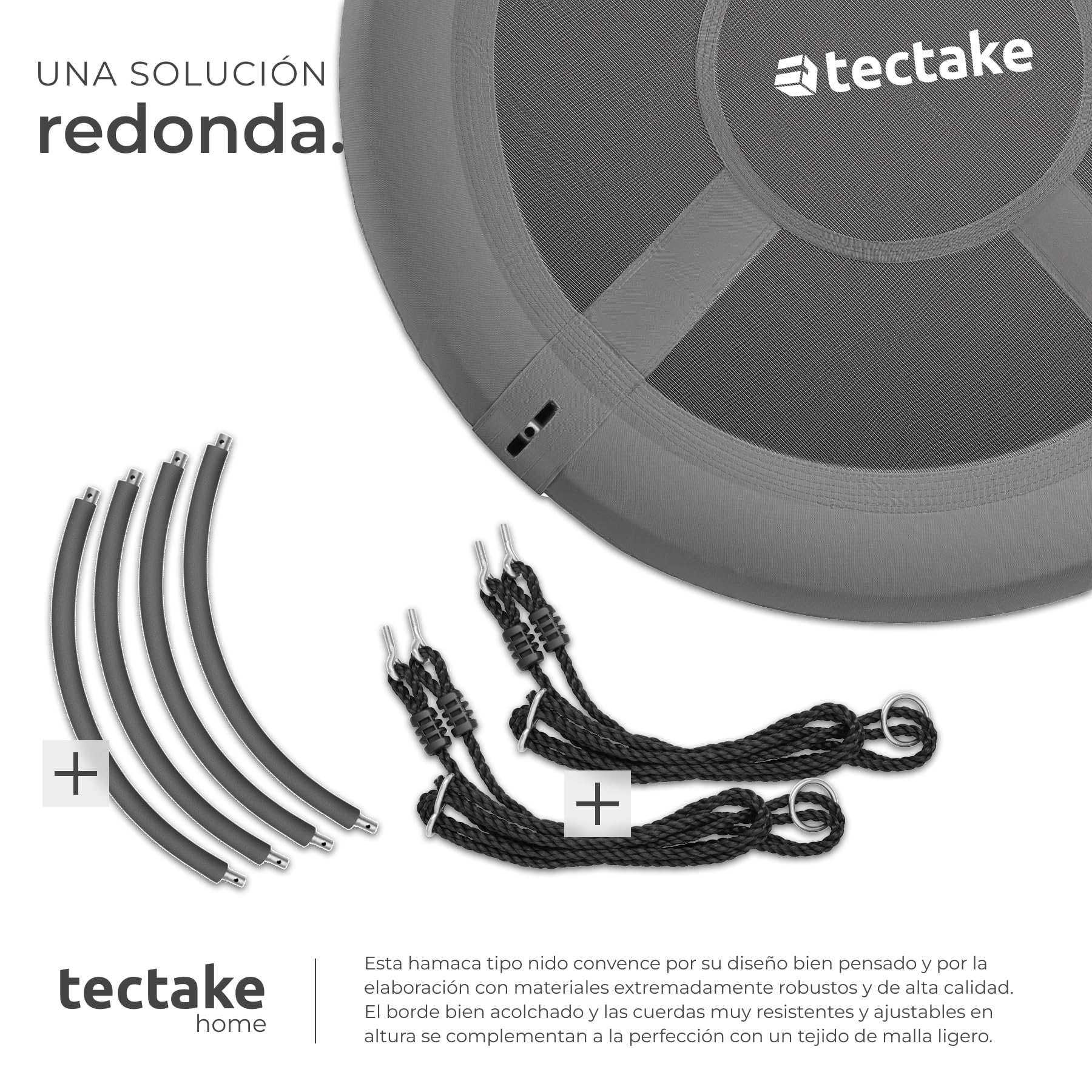 tectake® Columpio Redondo, Resistente a la Intemperie, Columpio Jardin Exterior, Cuerdas Gruesas, Soporta hasta 120 kg, Borde Acolchado, Ajuste de Altura, Silla Colgante Exterior - 120 cm Gris/Negro