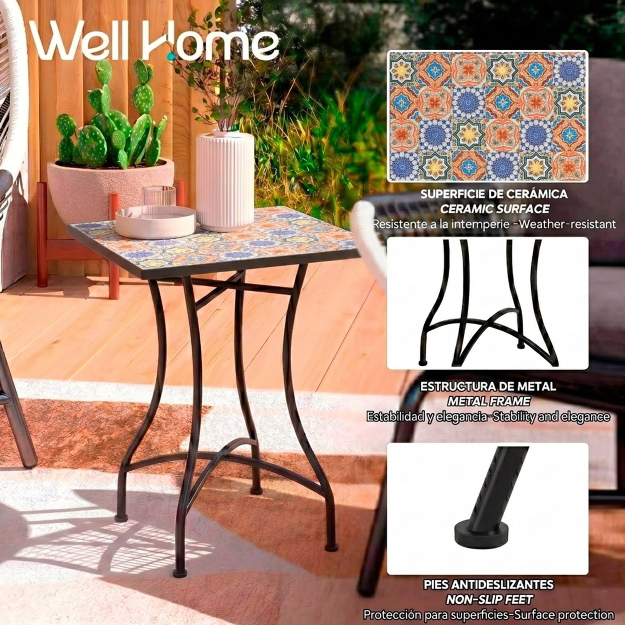 Mesa Auxiliar de Patio de Mosaico Redonda - Mesa de Café para Jardín y Terraza con Patas de Hierro Forjado Antióxido, Mesa Pequeña Decorativa para Exterior e Interior, 58x58x72, Modelo Vito