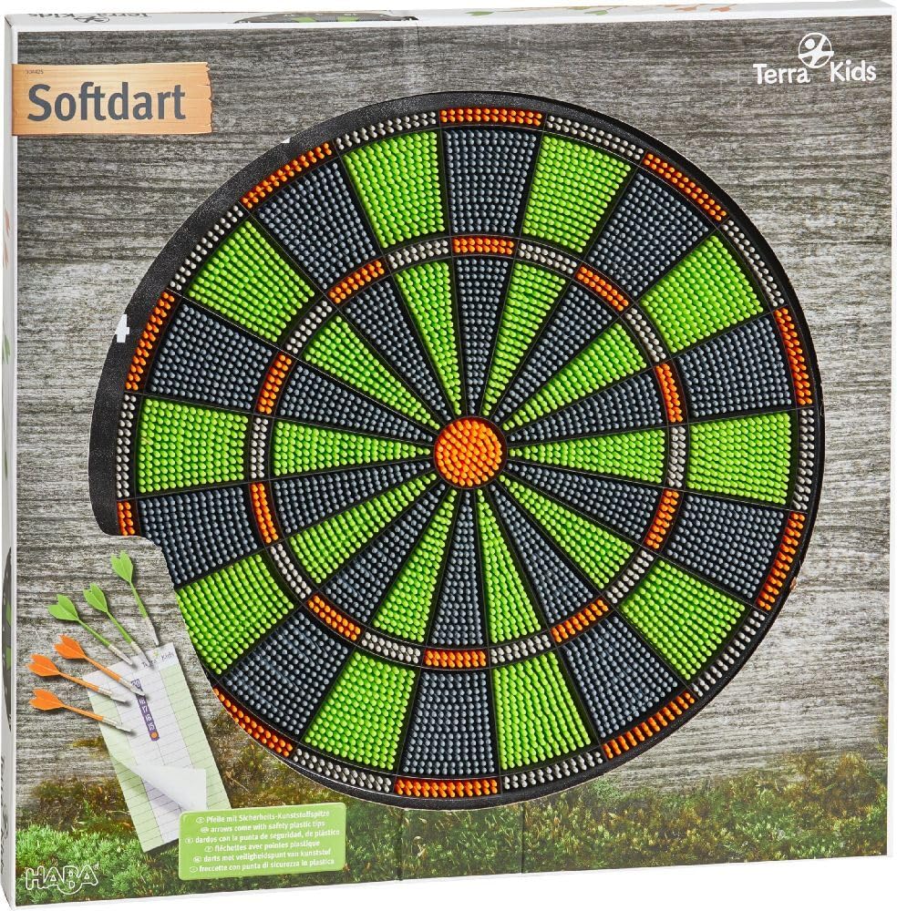 HABA 304425 - Terra Kids Softdart, Dartspiel für Kinder ab 6 Jahren, mit Dartscheiben-Ø 41,3 cm, Block und 6 Pfeilen mit Sicherheits-Kunststoffspitze je 13,5 cm lang, in- und Outdoor