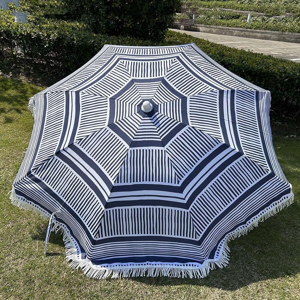 Ombrellone da spiaggia portatile da 180 cm, protezione solare UV50+, antivento, ancoraggio per sabbia, palo robusto, inclinazione a pulsante, frange, per esterni e patio.