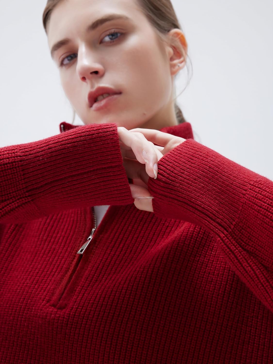 SUUKSESS Women Cashmere Blend Oversized Quarter Zip Pullover Sweater Long Sleeve Collared Ribbed Knit Jumper Tops - Image 3