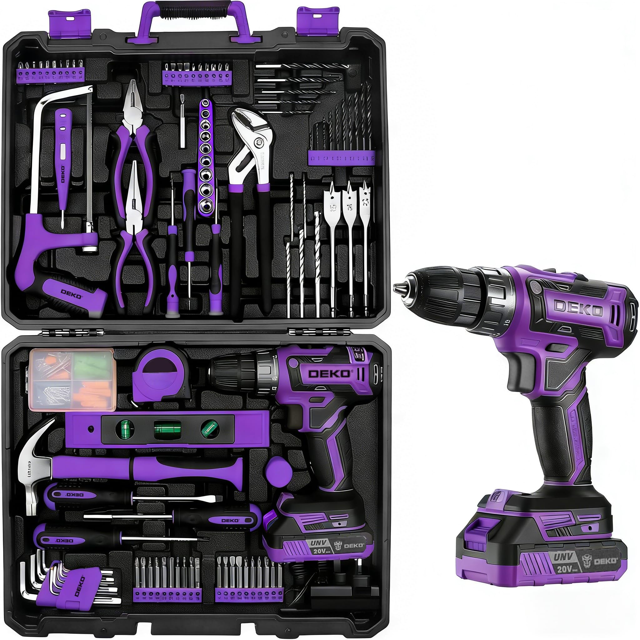 Cordless Drill Tool Kit Set: DEKO 20V Power Drill Tool Box with Battery Electric Drill Driver Home Hand Repair Basic Toolbox Tools Sets Drills Case,186 Pieces