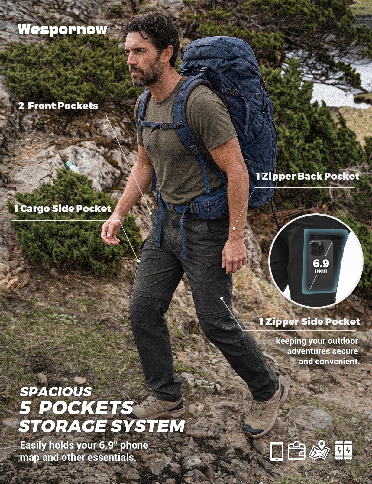 Wespornow Pantaloni da trekking da uomo, con zip, rimovibili, traspiranti, per attività all'aria aperta, ad asciugatura rapida, con 5 tasche, Nero , 5XL