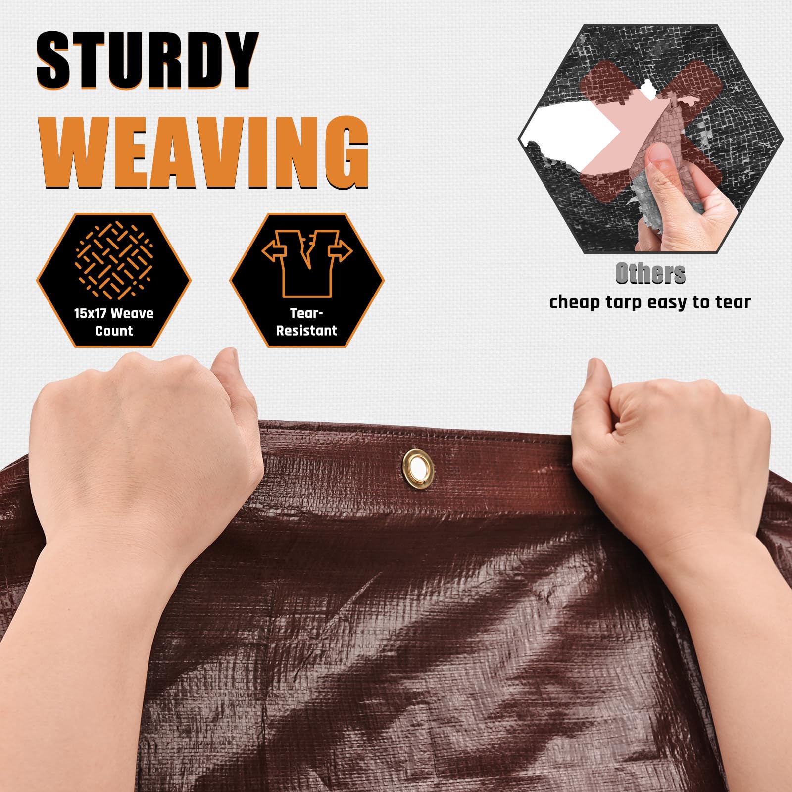 10x12FT Waterproof Tarp, Yumatum 10 Mil Heavy Duty Tarps with Reinforced Edges/Brass Grommets, 100% UV Blocking/Tear Resistant Poly Tarp for Camping, Patio, Tent, Boat(Brown/Black) - 5