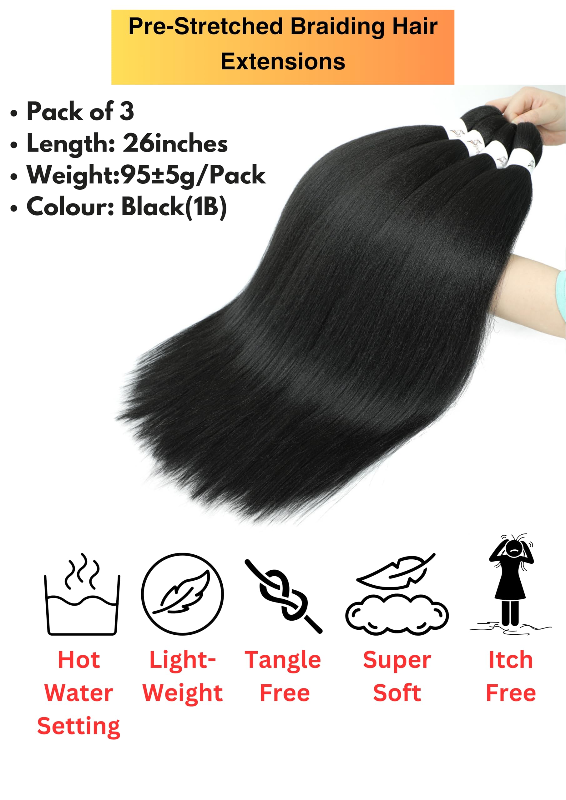 BillionHers Pre Stretched Braiding Hair 3 Pack Synthetic Yaki Hair Extensions for Braiding Knotless Braids 26 Inches Natural Black Braiding Hair (Black (1B) - Image 2