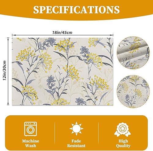 Miniatura 6 de Juego de 4 manteles individuales de lino de algodón de lino lavable de temporada con diseño de pájaro azul para fiesta, cocina, comedor, decoración