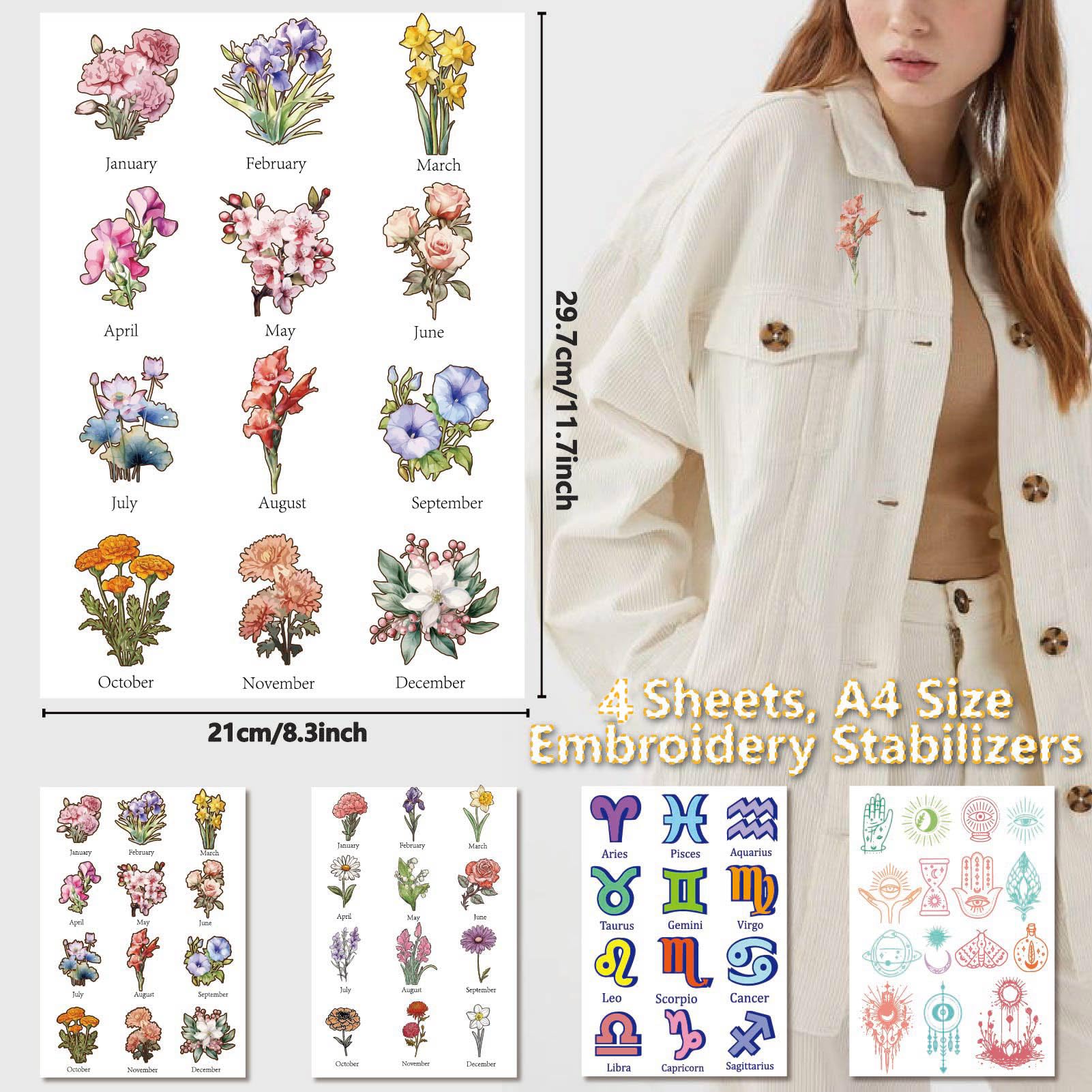 CRASPIRE 4 Sheets 51Pcs Constellation Boho Water Soluble Embroidery Patterns Flowers Sewing Stick and Stitch A4 Transfers Fabric Stabilizers Wash Away Pre-Printed Self Adhesive for Cloth DIY Lover