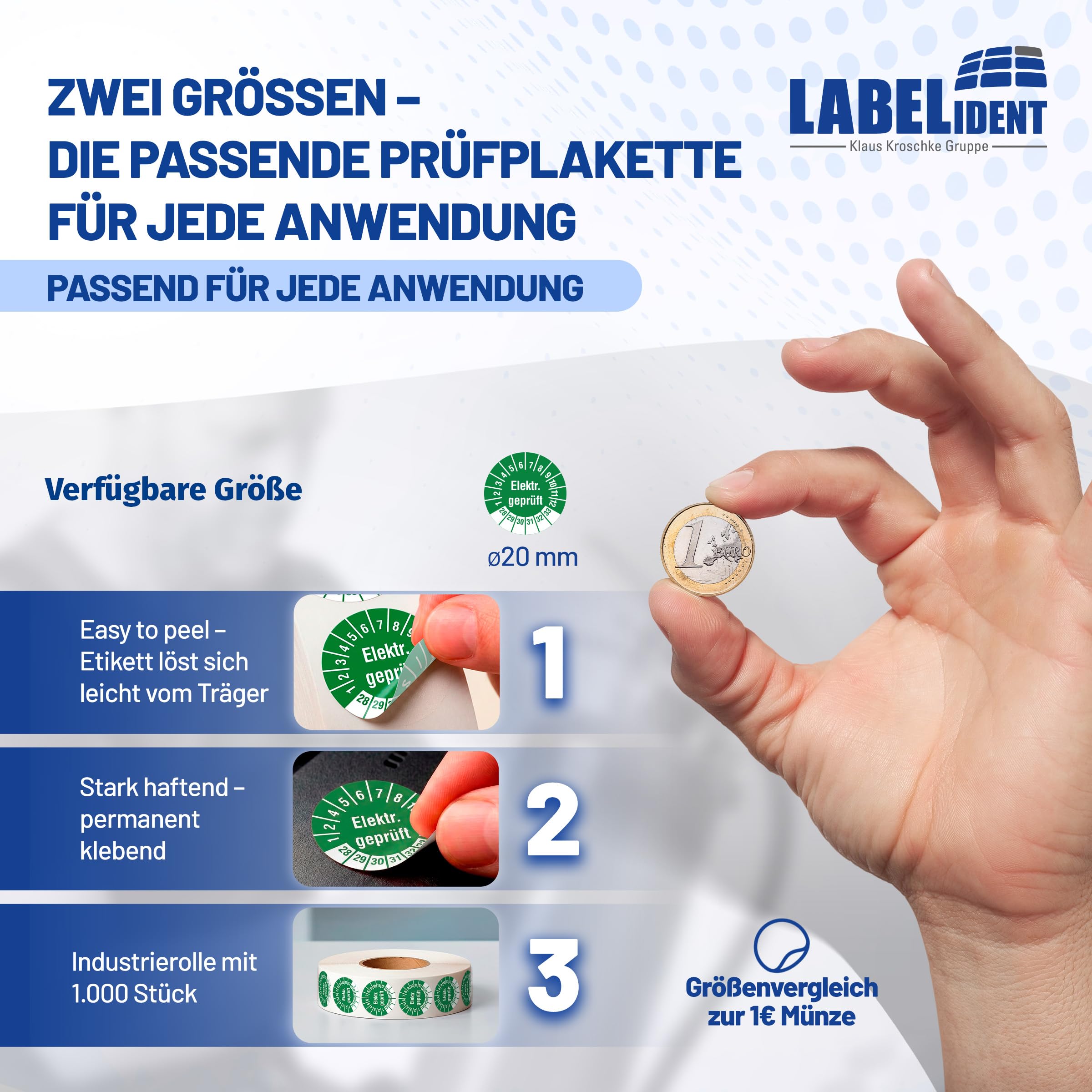 Labelident Prüfplaketten Elektr. geprüft - Ø 20 mm - 1.000 auf Rolle, 2028-2033, selbstklebend
