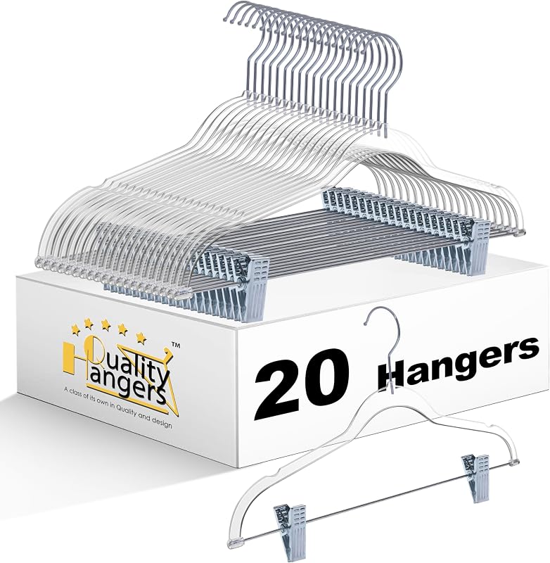 Clear Plastic Pants Hangers with Clips 20 Pack | Heavy Duty Skirt Hangers Swivel Hook and Notches | Space Saving Acrylic Clip Hangers for Pants | Suitable for All Clothing | 16.5 Inch (Clear, 20)