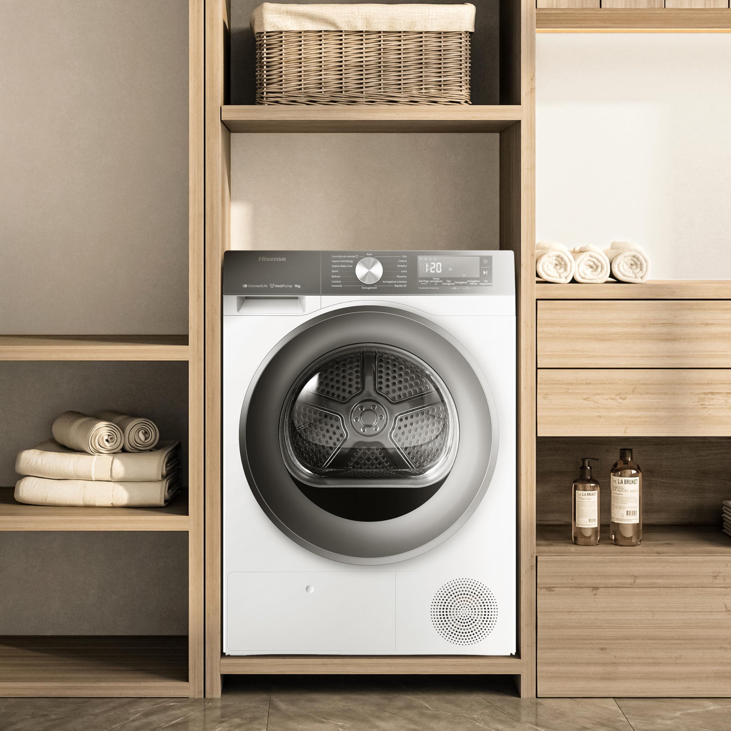 Hisense DH3S902BWCCA Asciugatrice a Pompa Di Calore, 9 Kg, A+++/C, Big Display, 16 programmi, Refresh, WiFi, Porta Reversibile, Bianco/Silver