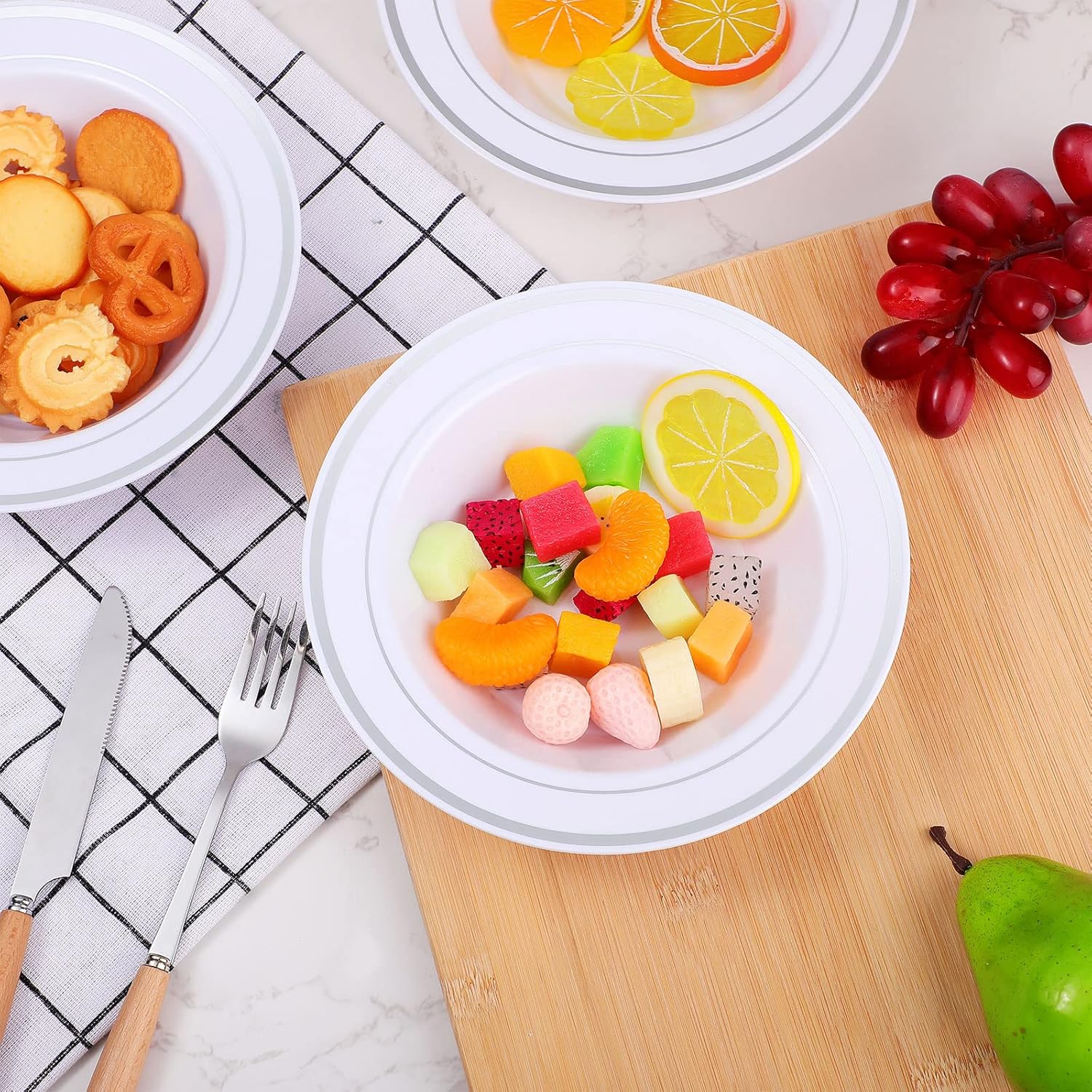 Jinei 150 Pieces 6 oz Plastic Bowls with Rim Small Disposable Soup Bowls for Dessert Salad Soup Candy Wedding Thanksgiving Catering Holidays Party Supplies (White,Silver Rim) - Image 3