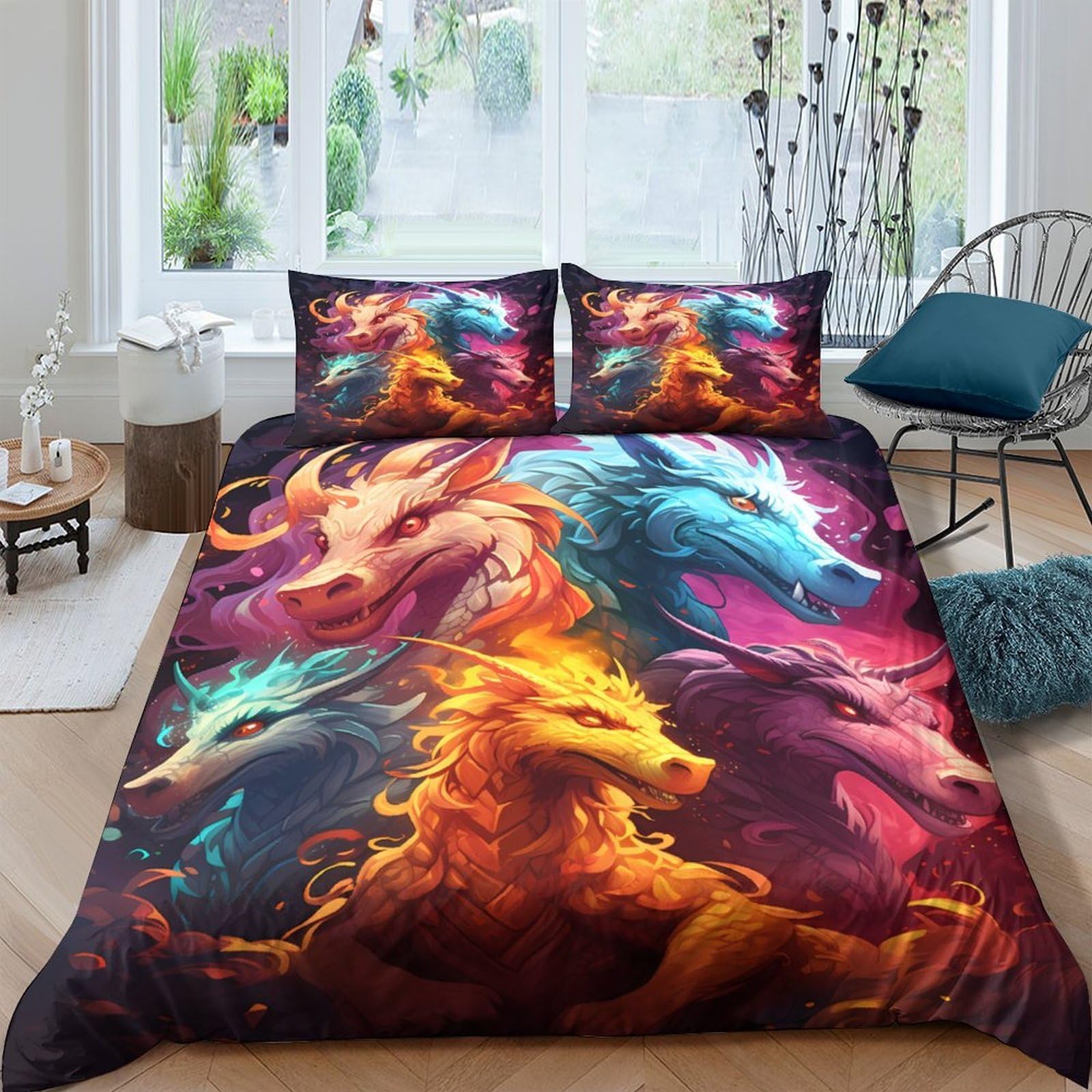 Ctjqhvkz Style-3 3D Printed Fire Dragon Fitted Sheet Microfiber Soft Breathable Blue Horse Mattress Cover For Bedroom Dorm Decor 116 Single（135X200cm）