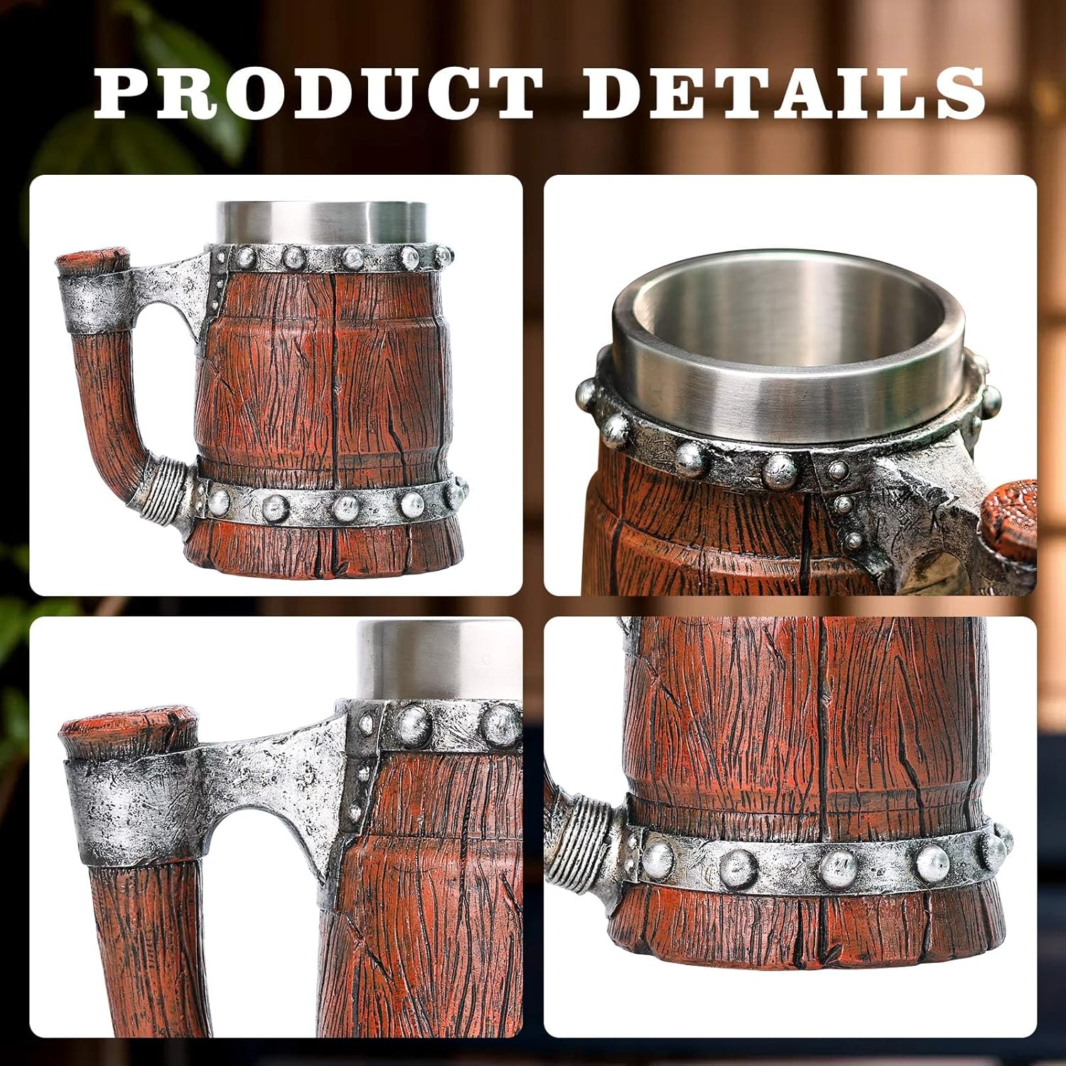 Nordic Viking Beer Mug, Large Resin + Stainless Steel Viking Drinking Cup, Wood Style Beer Mug, Norse Mythology Beer Stein Mug Barrel, Cool Decor for Home Nordic Norse Restaurant Vintage Bar - 20 OZ - Image 2