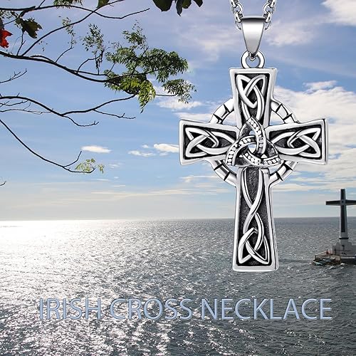 Miniatura 8 de LES OSEWA Collar de cruz celta para hombre, dije de cruz de plata de ley, collar de nudo de trinidad celta, triquetra, buena suerte, joyería celta