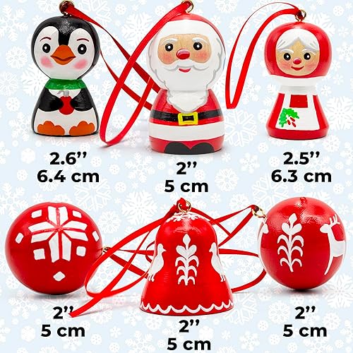 Miniatura 3 de Decoraciones de Navidad rojas para árbol, 6 unidades, campanas de Navidad, muñecos de clavija de madera, bolas de Navidad rojas con adorno