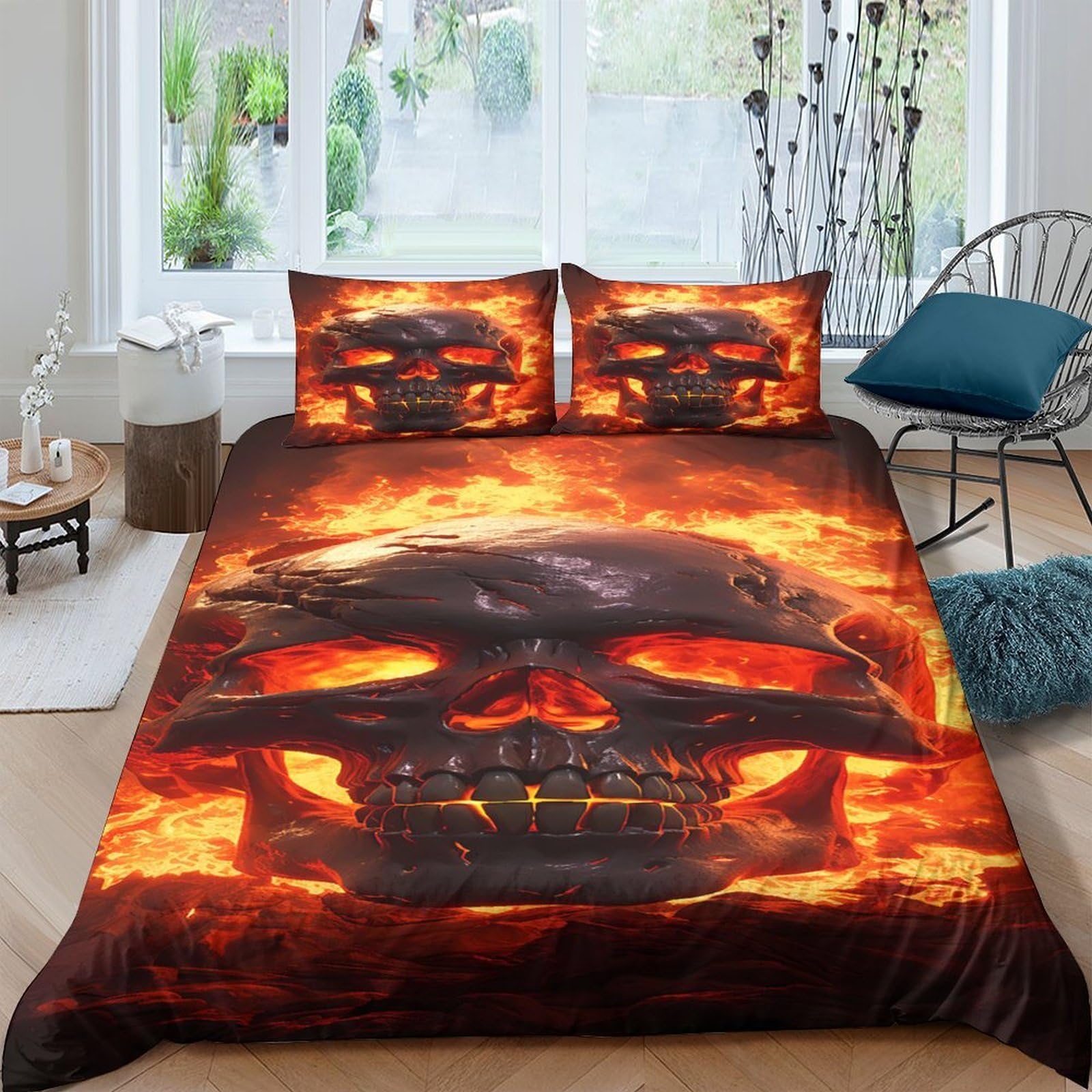 Ctjqhvkz Style-2 3D Printed Burning Skull Fitted Sheet Microfiber Soft Washable Flame Skull Mattress Cover For Bedroom Guest Room Decor Single（135X200cm）