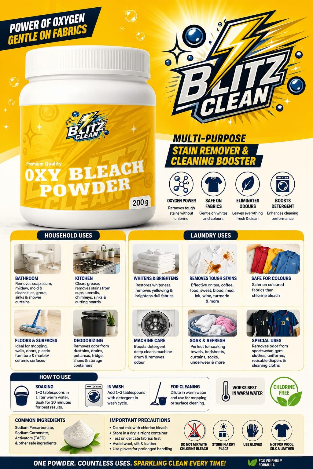 BLITZ CLEAN Oxy Bleach Powder for Clothes – Oxygen-Based Stain Remover & Whitening Booster – Safe for Coloured & White Fabrics – 200g