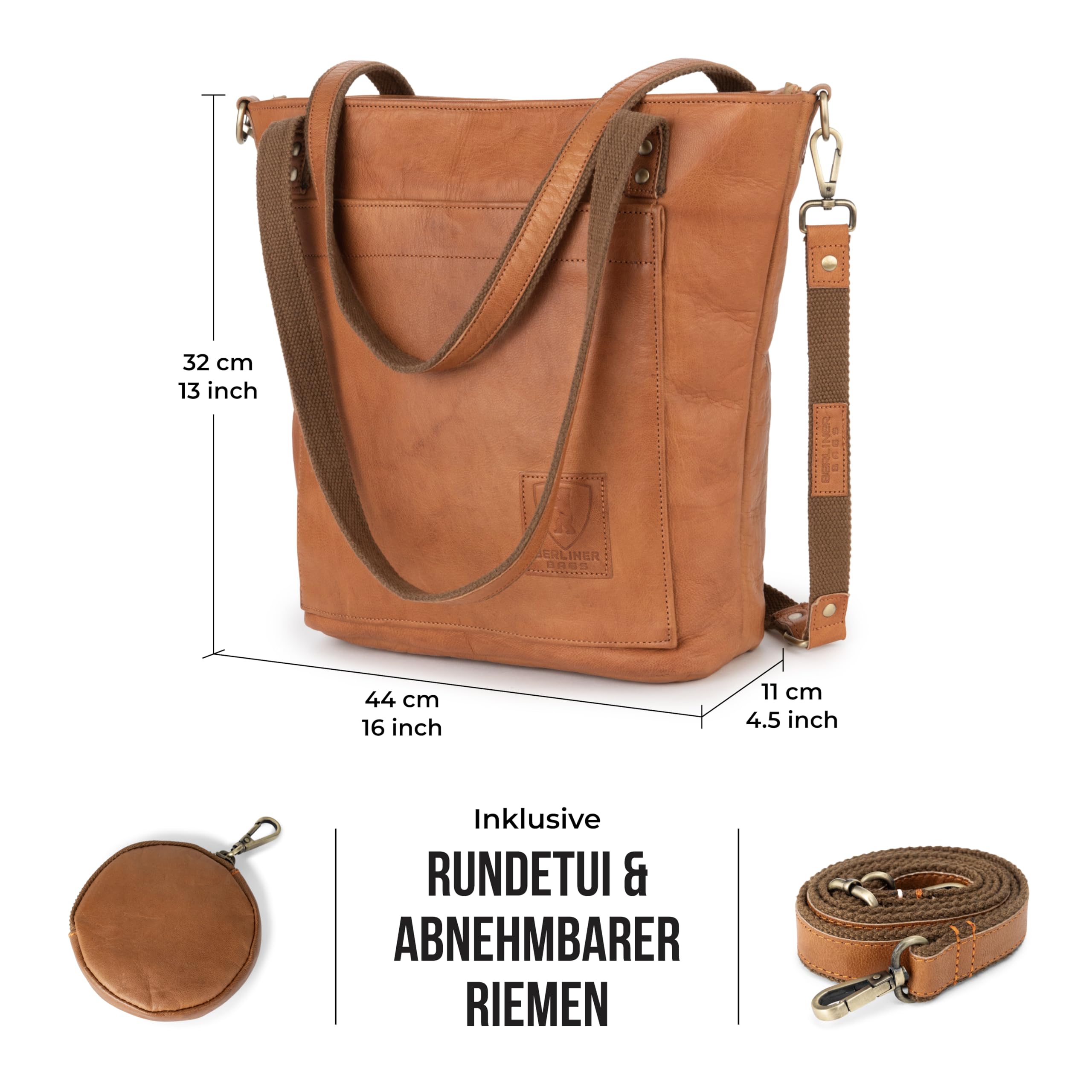 Berliner Bags Vintage Umhängetasche Verona, Große Schultertasche aus Leder mit YKK Reißverschluss, Shopper, Henkeltasche für Damen