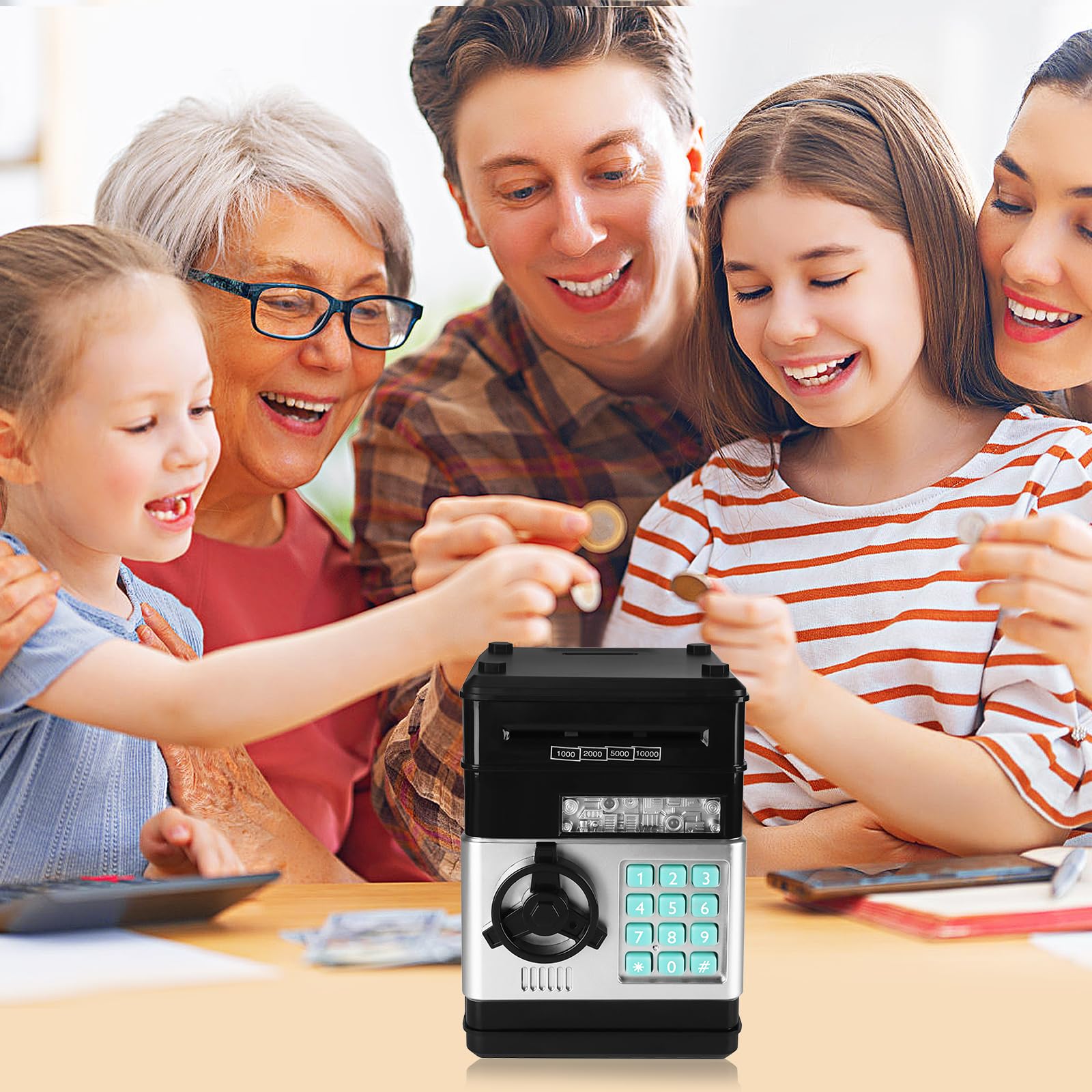 UCAMP Hucha electrónica para niños,Cajero Automático Digital con Contraseña y Recepción Automática de Dinero,Incluye 6 Pegatinas,Destornillador,Regalo para Niños y Niñas de 3 a 12 Años (Negro)