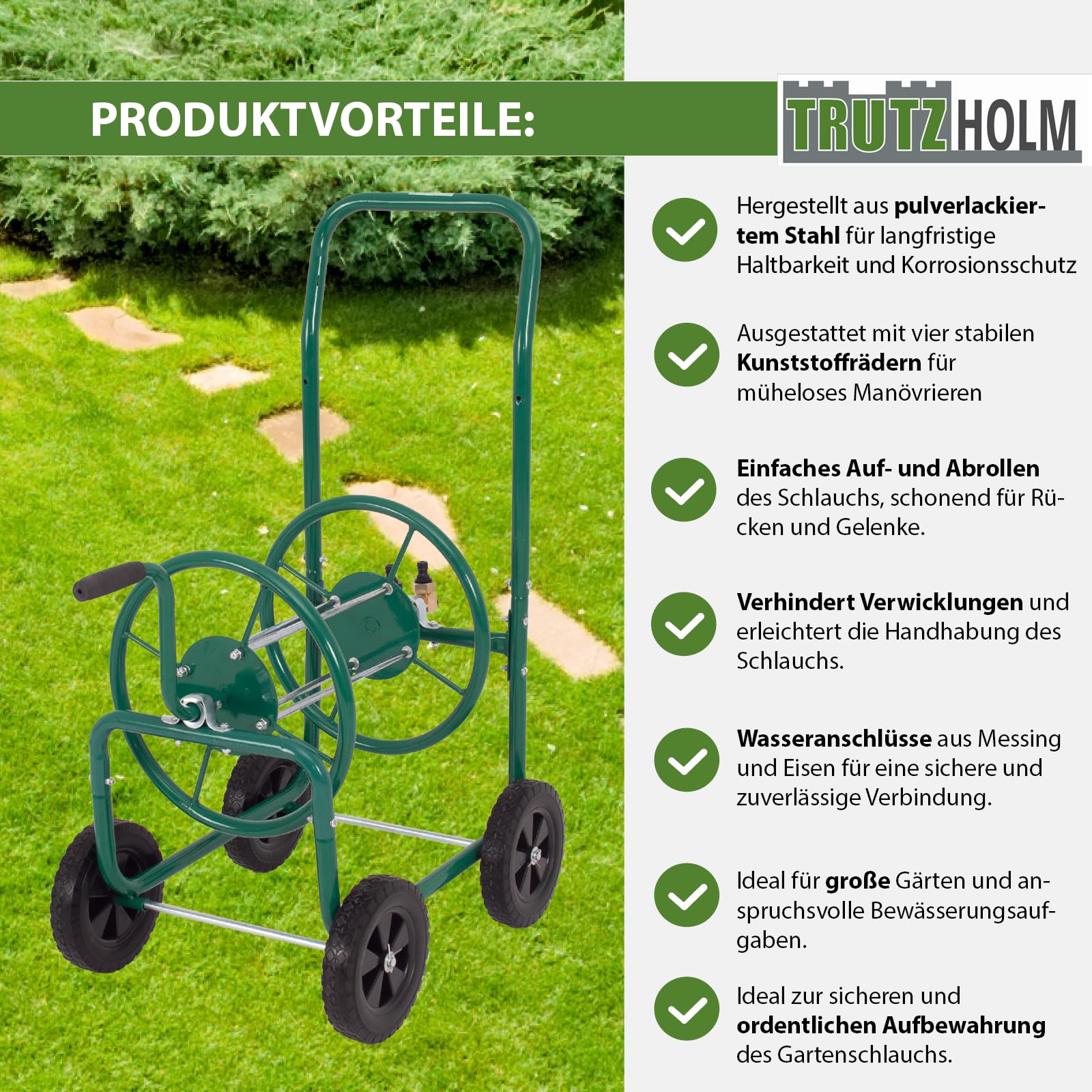 TRUTZHOLM Schlauchwagen Basic 4 Räder 95,5 x 58 cm Stahl, für 50 m Gartenschlauch 3/4" Anschluß grün