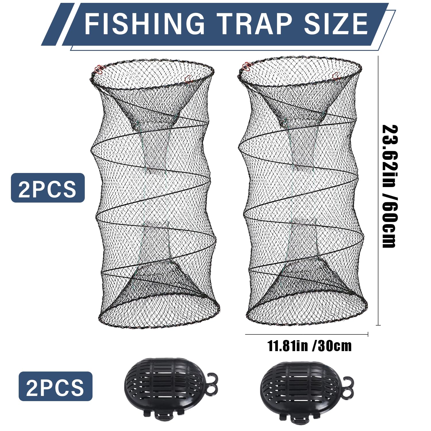 Fischreuse Set, 2 Stück Faltbare Krebsreuse mit Futtertasche, 30x60cm Aalreuse für Fischfang, Garnelen und Krabben