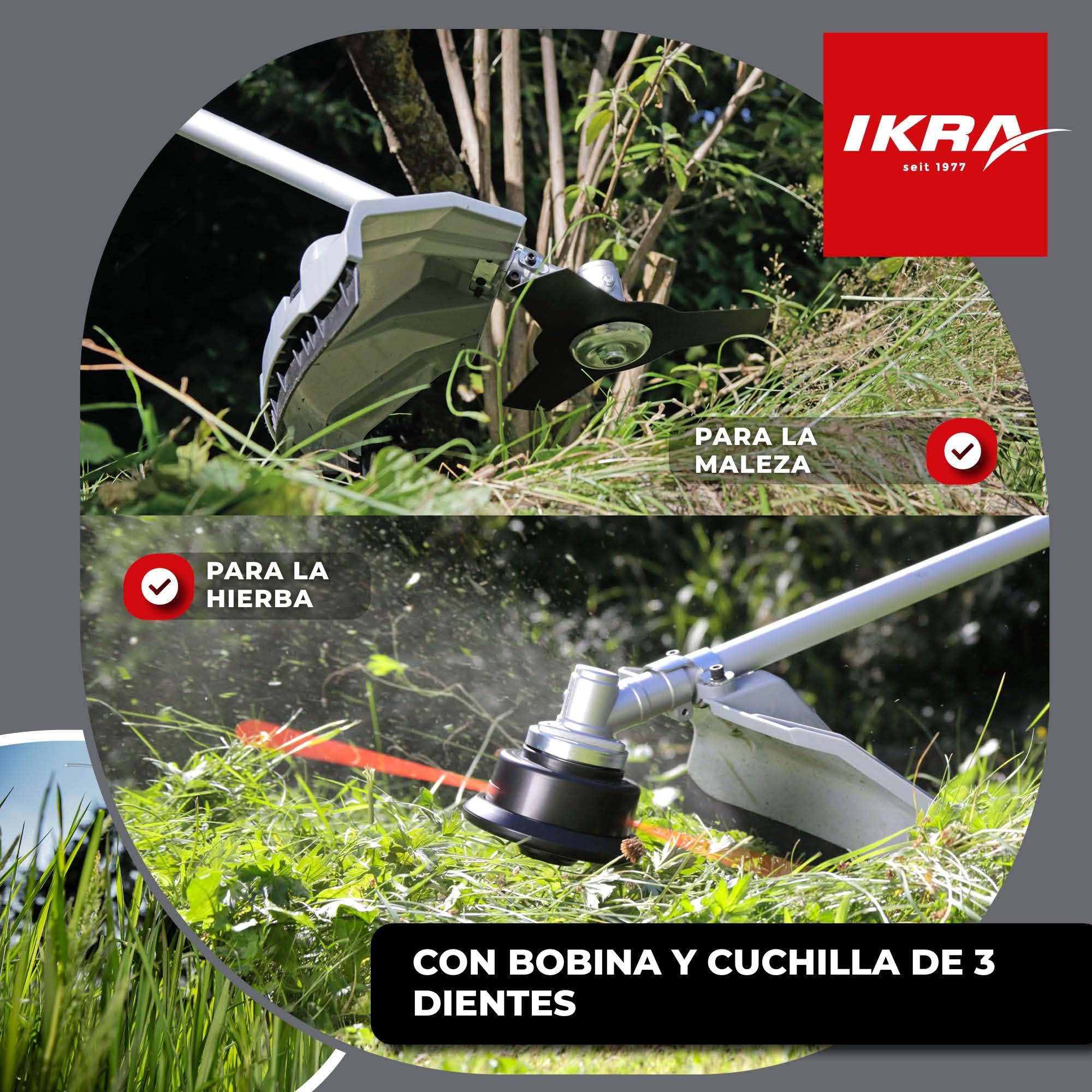 IKRA desbrozadora de gasolina IBF 4342, incluye bobina y cuchilla | 42,7 cm³, 1,25 kW, motor de 2 tiempos, sistema de arranque fácil, empuñadura tipo bicicleta, mango de aluminio divisible