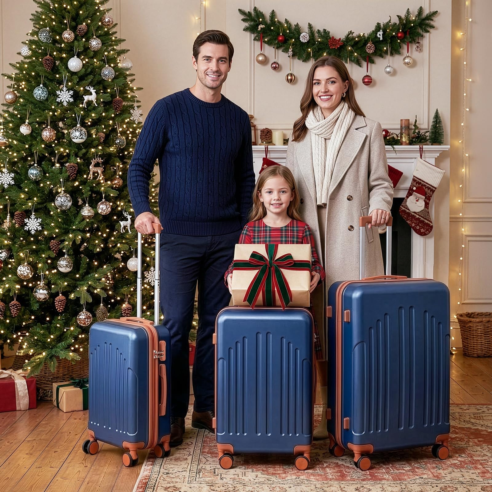 LEADZM Valise Cabine Rigide en ABS Léger, Bagage Cabine 55x35x25, Valise Soute Suitcase de Voyage avec 4 roulettes Spinner (Marine-Brun, M/55cm)