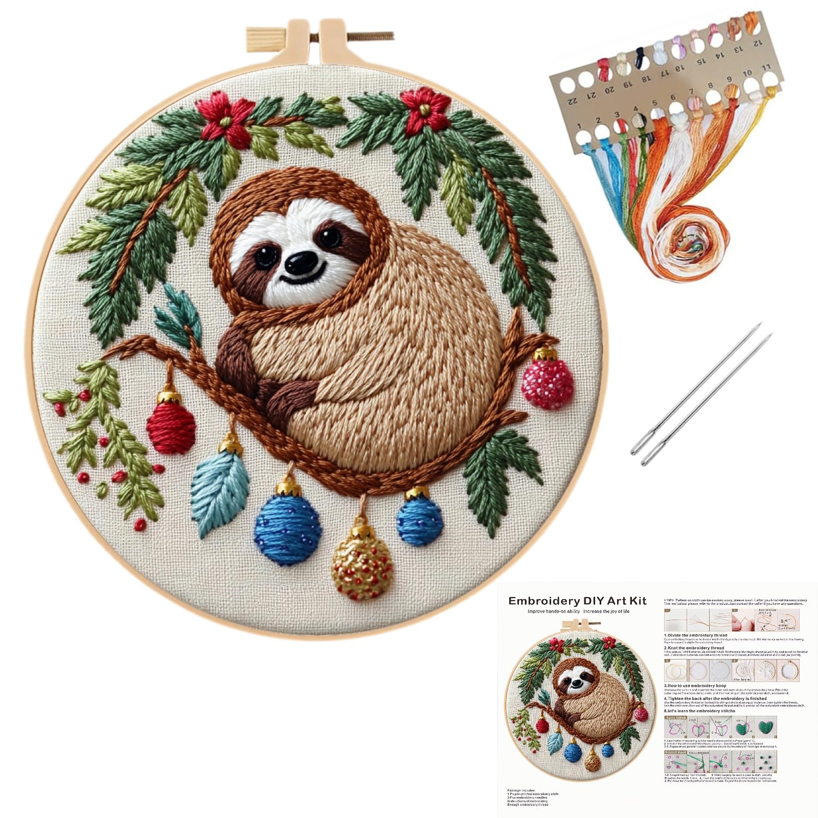 YJHAT Sloth Embroidery Starter Kits for Adults,Christmas DIY Handmade Needlework Sewing Decor Gift,Cross Stitch Stamped Needlepoint Kit