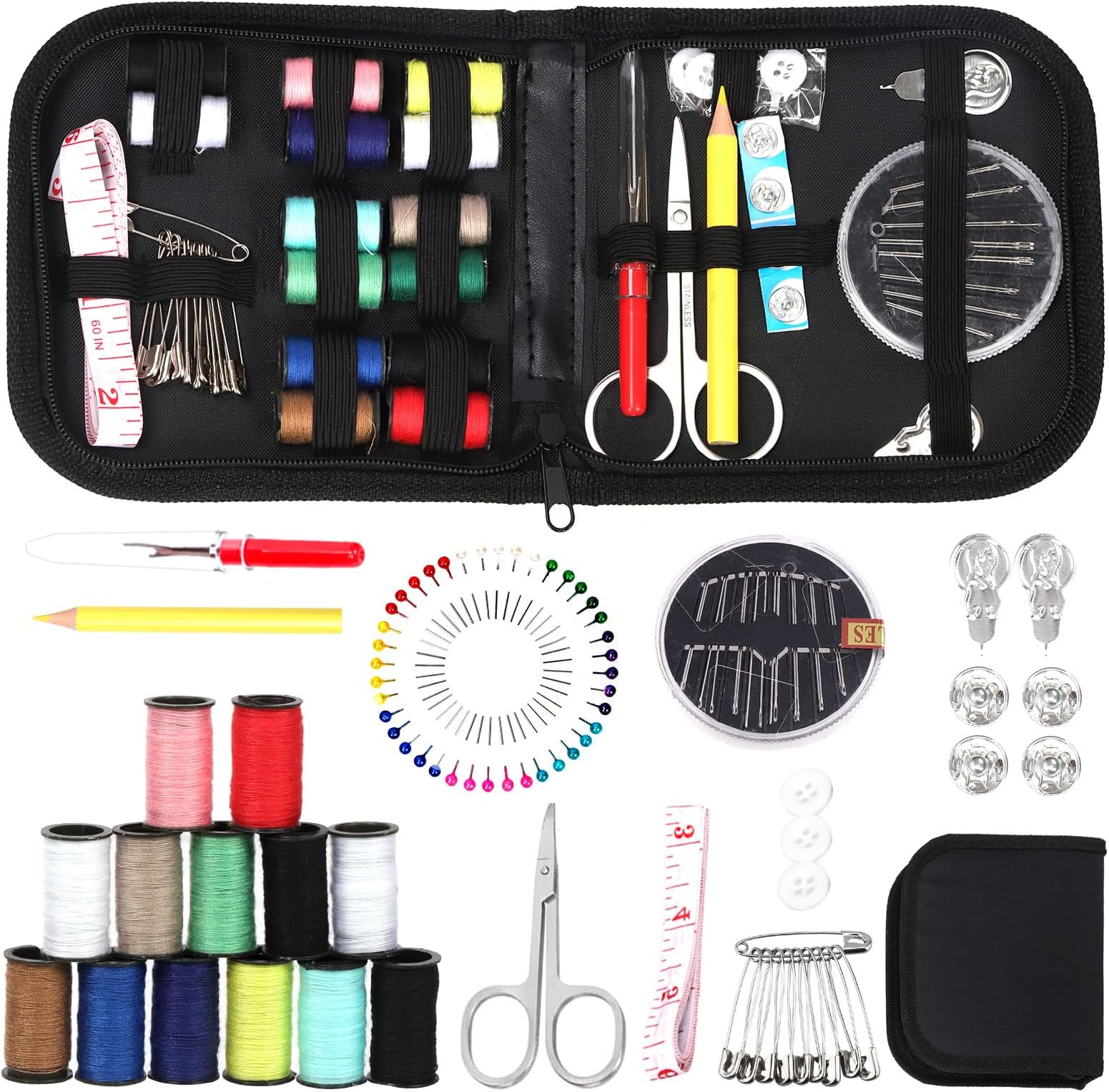 Keadic 98Pcs Mini Sewing Supplies Accessories Set with Case 14 Multicolor Threads Needles Scissors Thimble Tape Measure Buttons, Portable Emergency Repair and Travel Kit for Adults Beginner
