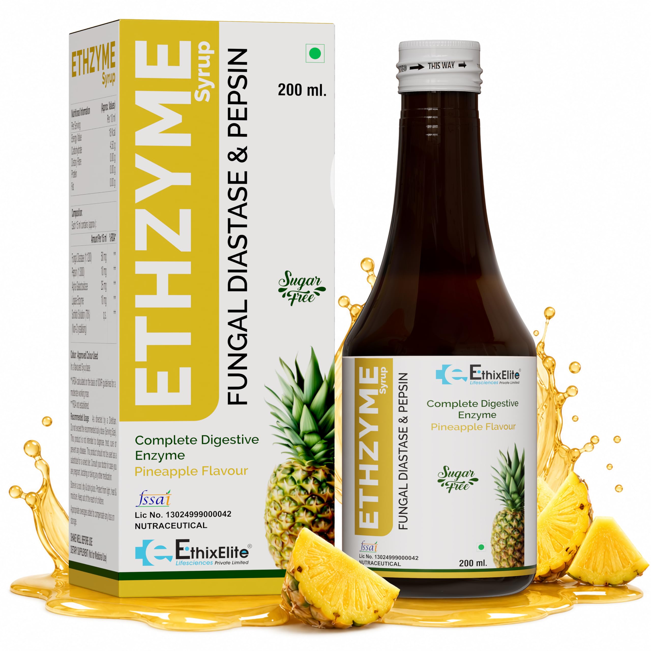 ETHZYME Complete Digestive Enzyme Syrup 200ml | Fungal Diastase & Pepsin with Alpha Galactosidase and Lipase | Sugar Free Pineapple Flavour | Digestive Support for Gas, Bloating, Acidity & Indigestion-image-10