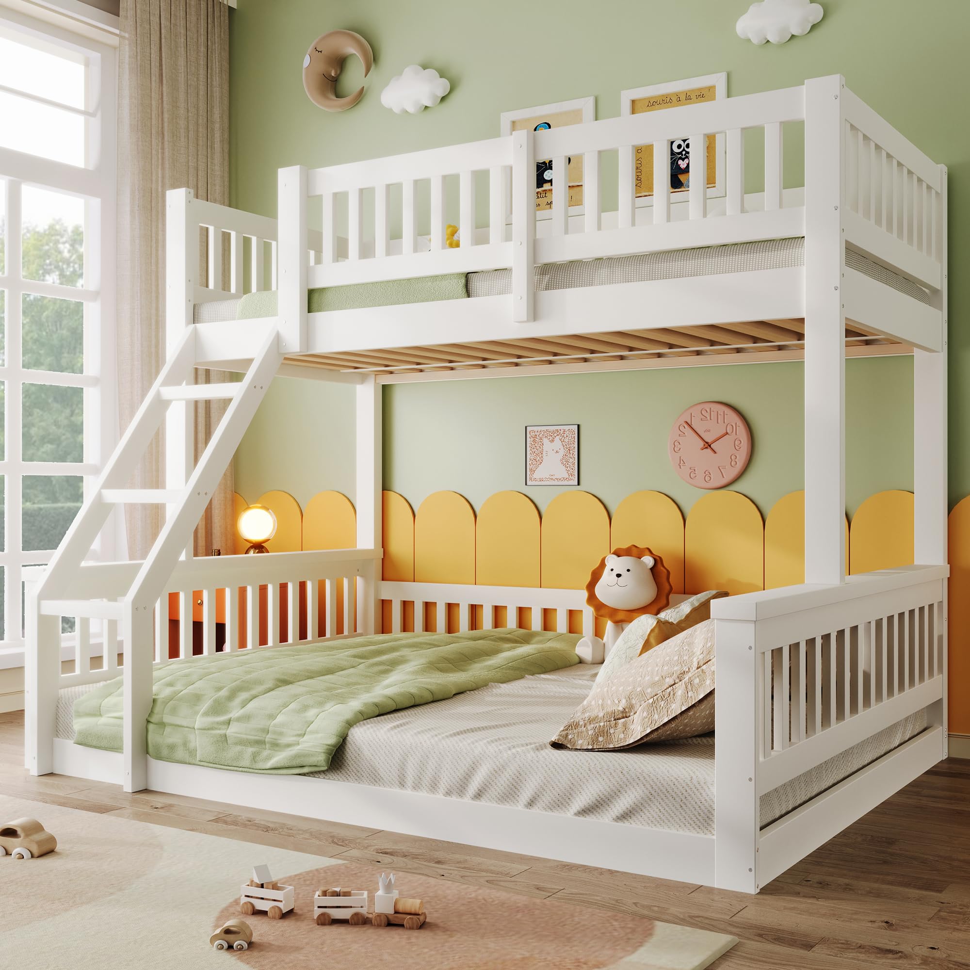 Litera Infantil 90x200 cm & 140x200 cm, Cama Literas Matrimonio con Escalera y Barandillas, Litera Matrimonio para 2 Niños, Estructura de Cama Doble de Madera, Blanco, Sin Colchón