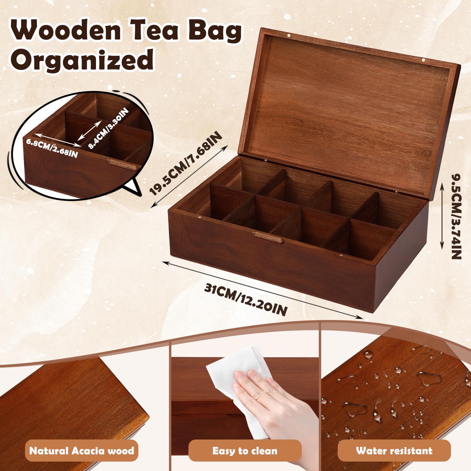 Teebox Holz für Teebeutel 8 Fächer, Teekiste aus Akazienholz mit Magnetische Deckel, 31 x 19.5 x 9.5 cm Retro Tee Organizer Tee Behälter Teebeutel Aufbewahrungbox, Wechselbare Trennwand