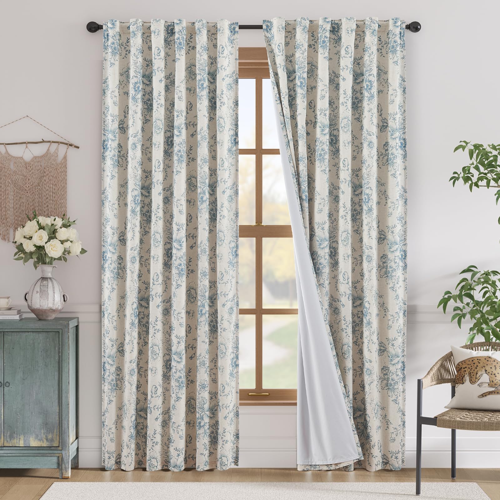 jinchan Blackout Linen Blend Curtain Floral Blackout Curtains for Living Room 84 Inch Length Blue Printed with Lined Blackout Curtain for Bedroom