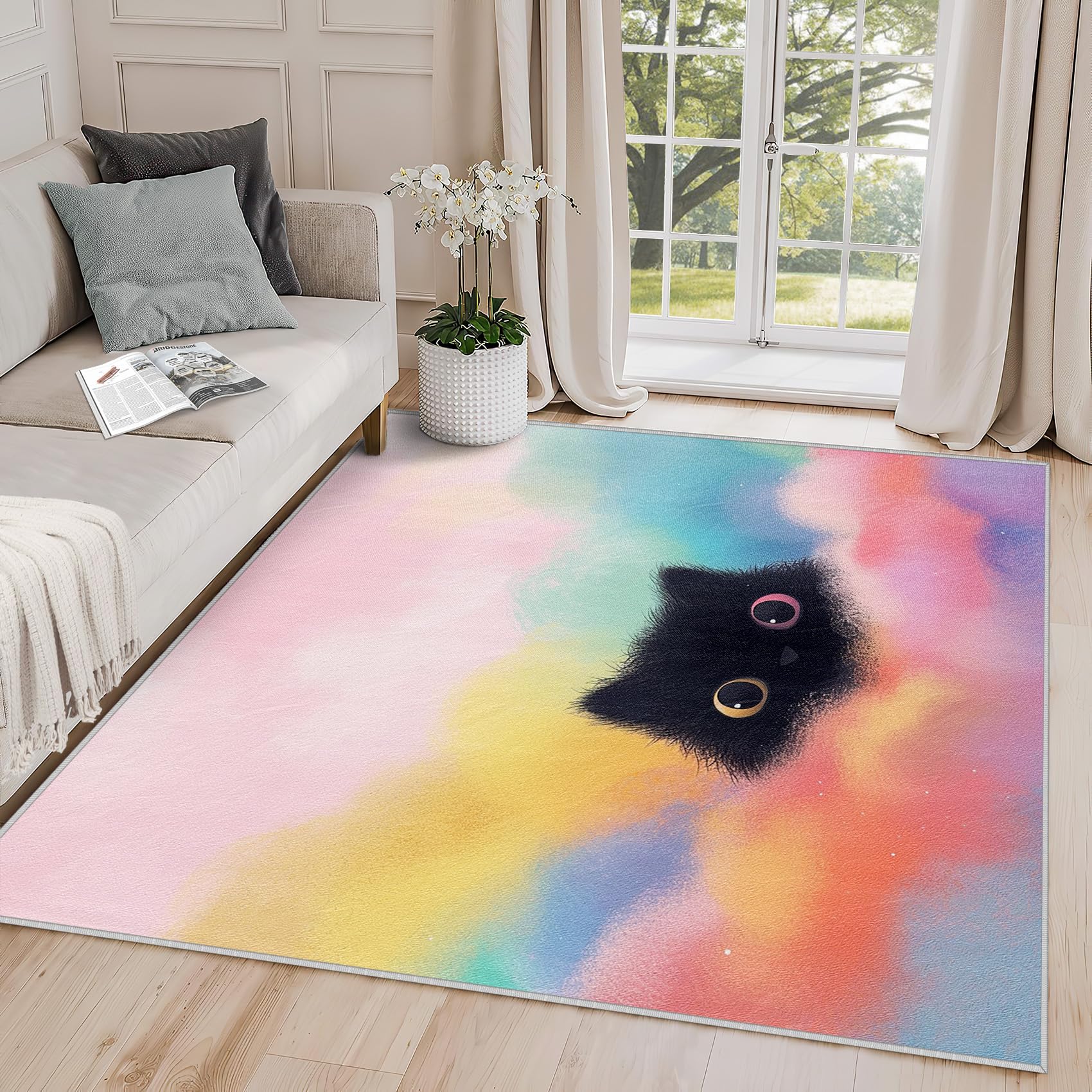 Yoozitrees Kitten Rug 2x3 - Cat Rug, 5x6 Rug, Cute Cartoon Black Kitten Area Rug, Rainbow Pastel Kawaii Carpet, Washable & Non Slip & Soft Large Rugs,