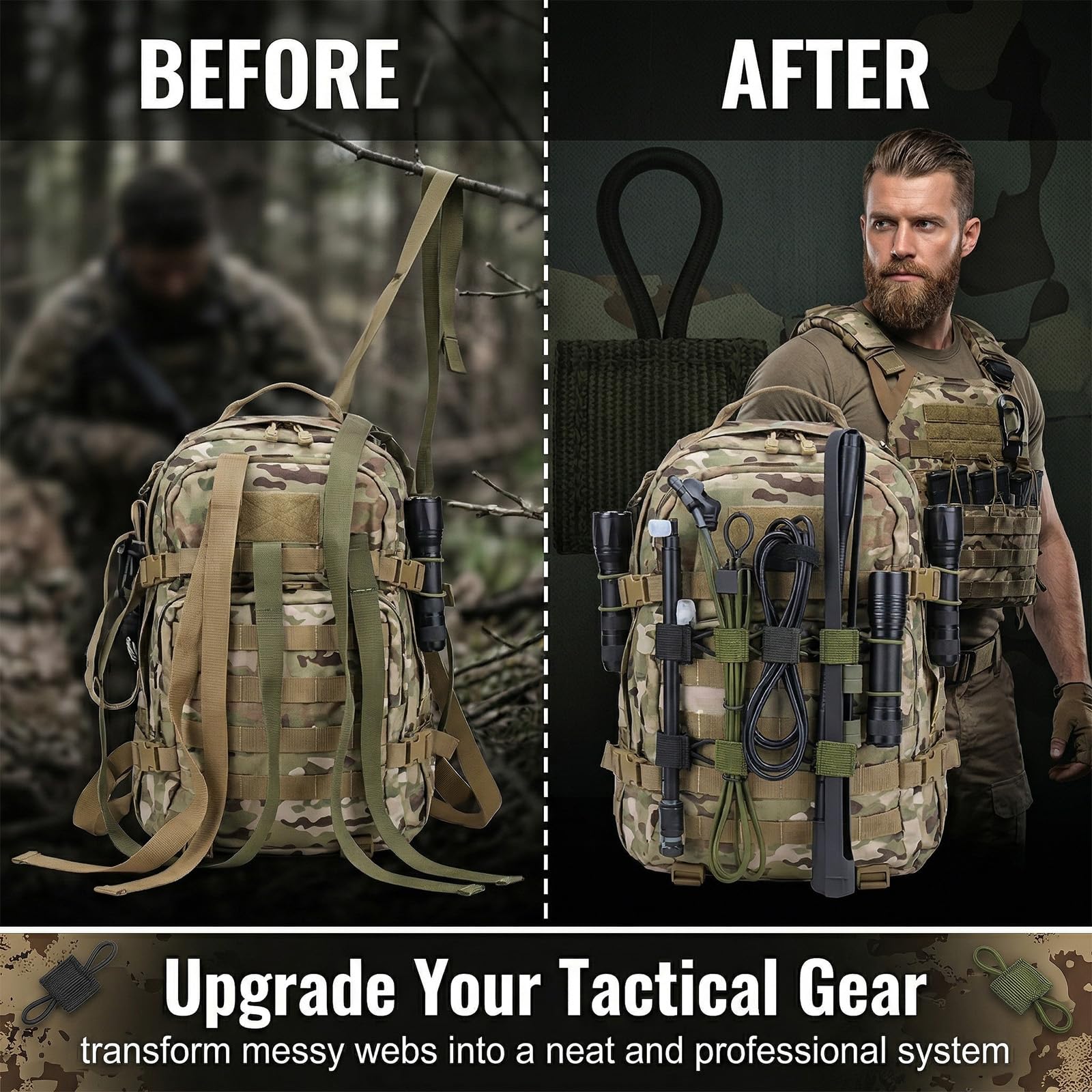 Lot de 12 Attaches Molle Tactiques, Boucle Élastique de Fixation pour Sac à Dos et Gilet de Randonnée, Accessoire Système de Gestion de Sangles pour Extérieur (6 Noir & 6 Vert Armée)