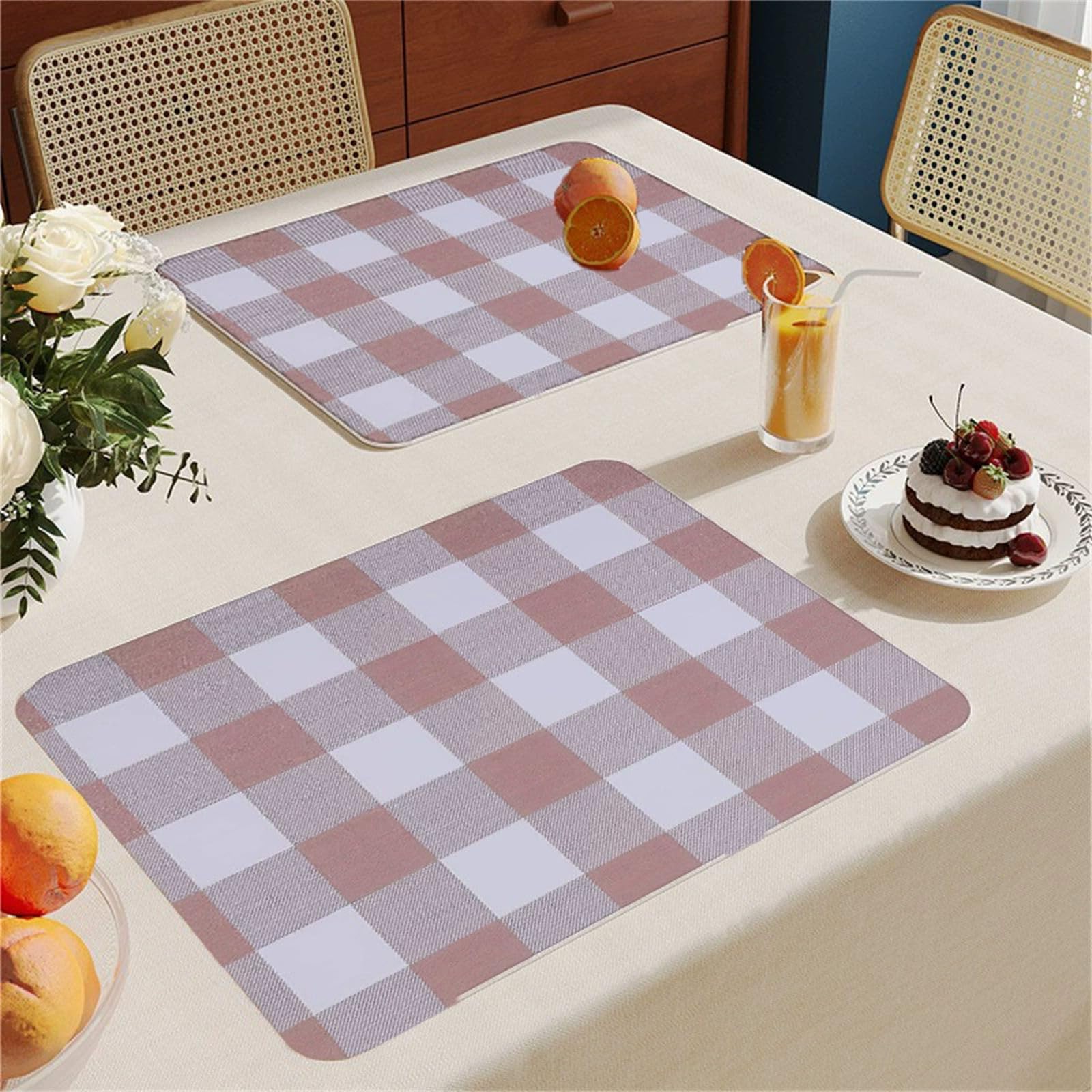 Mateju PVC Place Mats for Table, Gingham Plaid Style Placemats Set of 2/4/6, 30x45cm Dinner/Dining Table Mats Waterproof Oilproof Non-Stain Heat Resistant Leather Placemat (Dark Pink,2 Pieces)
