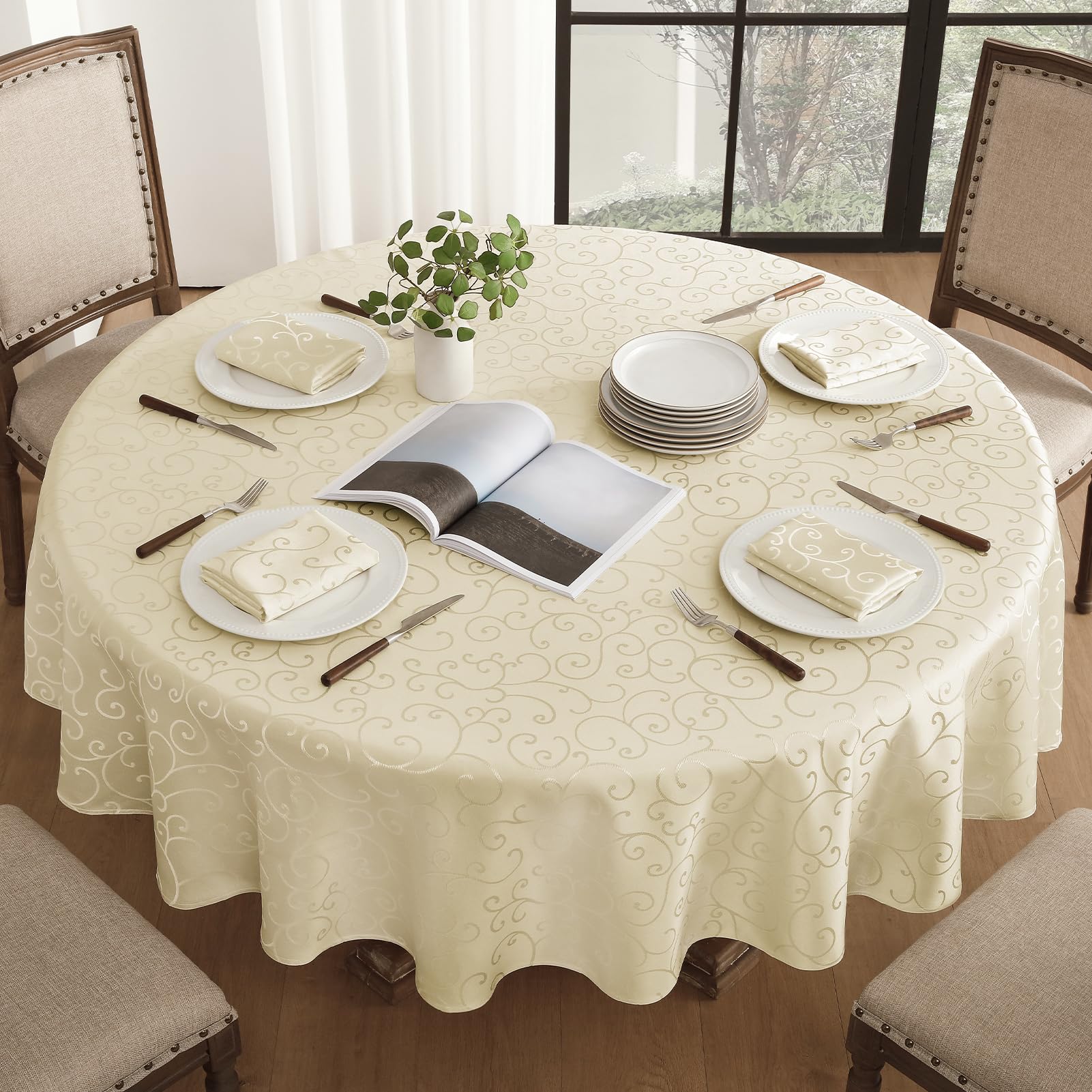 Romanstile Tovaglia Rotonda 180 cm Diametro Primaverile Jacquard Elegante Tovaglie Beige idrorepellente da Esterno 6-8 posti Perfetta per la Grande Tavola Festiva per Pasqua,Campagna,Ricevimento,Caffè