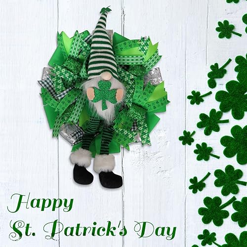 Miniatura 3 de Corona de gnomo del día de San Patricio para puerta delantera con trébol y guirnalda de cinta para decoración de pared irlandesa verde para colgar