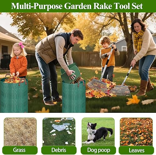 Miniatura 5 de Remiawy Rastrillo para hojas, juego de rastrillo para hojas de jardín de metal resistente ajustable de 65 pulgadas con 25 dientes, bolsa de jardín