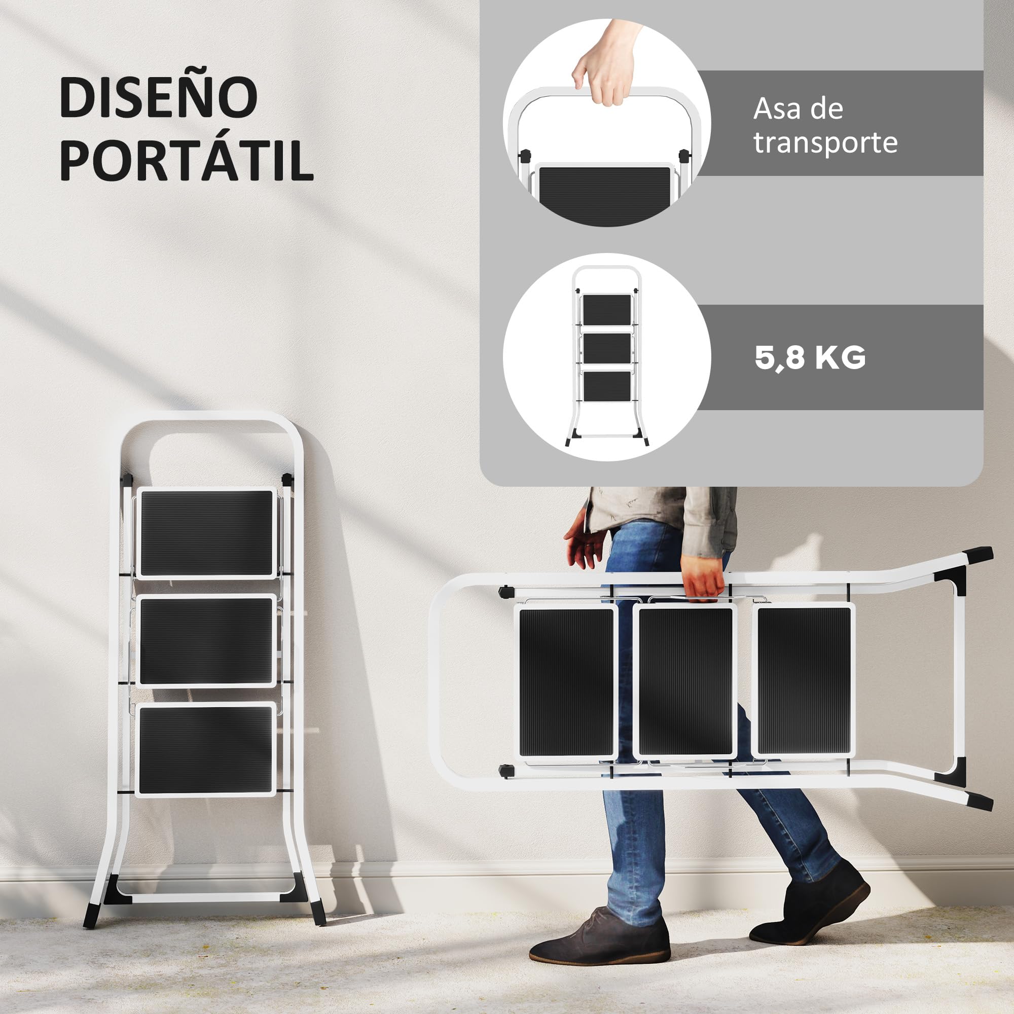 HOMCOM Escalera Plegable de 3 Peldaños Escalera de Tijera Carga hasta 150 kg con Pedal Antideslizante Fácil de Guardar y Transportar para Hogar Cocina Oficina Blanco