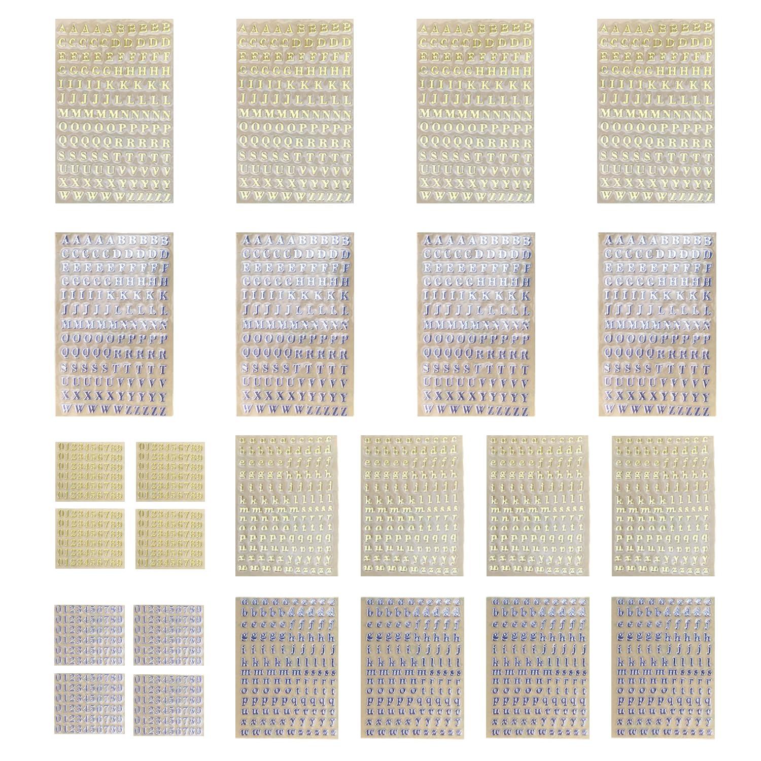 24 Hojas Pequeñas Letras Pegatinas de Letras de Resina Autoadhesivas Números Letras Pegatinas en Oro y Plata, Pequeñas Pegatinas Brillantes, Adecuado Para Arte de Uñas, Tarjetas de Felicitación