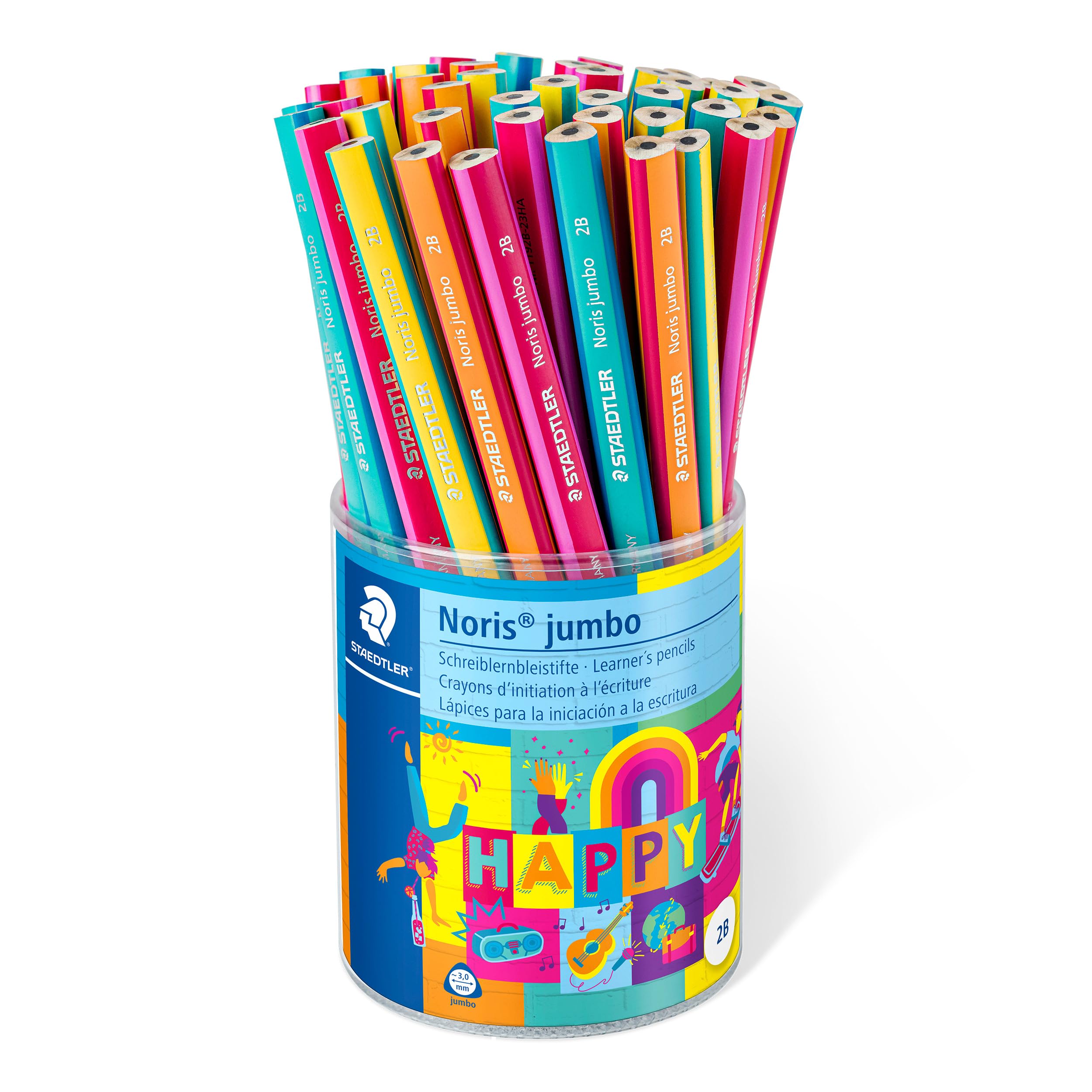 STAEDTLER Lápices triangulares gruesos Noris jumbo Happy en coloridos rayas, alta resistencia a la rotura, dureza 2B, 48 lápices en estuche, 119 KP48HA