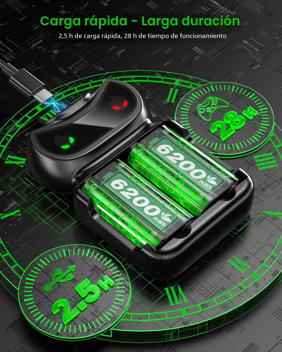 Batería de 6200 mWh para Xbox One/Xbox Series X/Series S/Xbox One X/S Controller, 2 x 6200 mWh 2,5 horas de carga rápida, 28 horas de tiempo de reproducción, batería para controlador Xbox One/Xbox