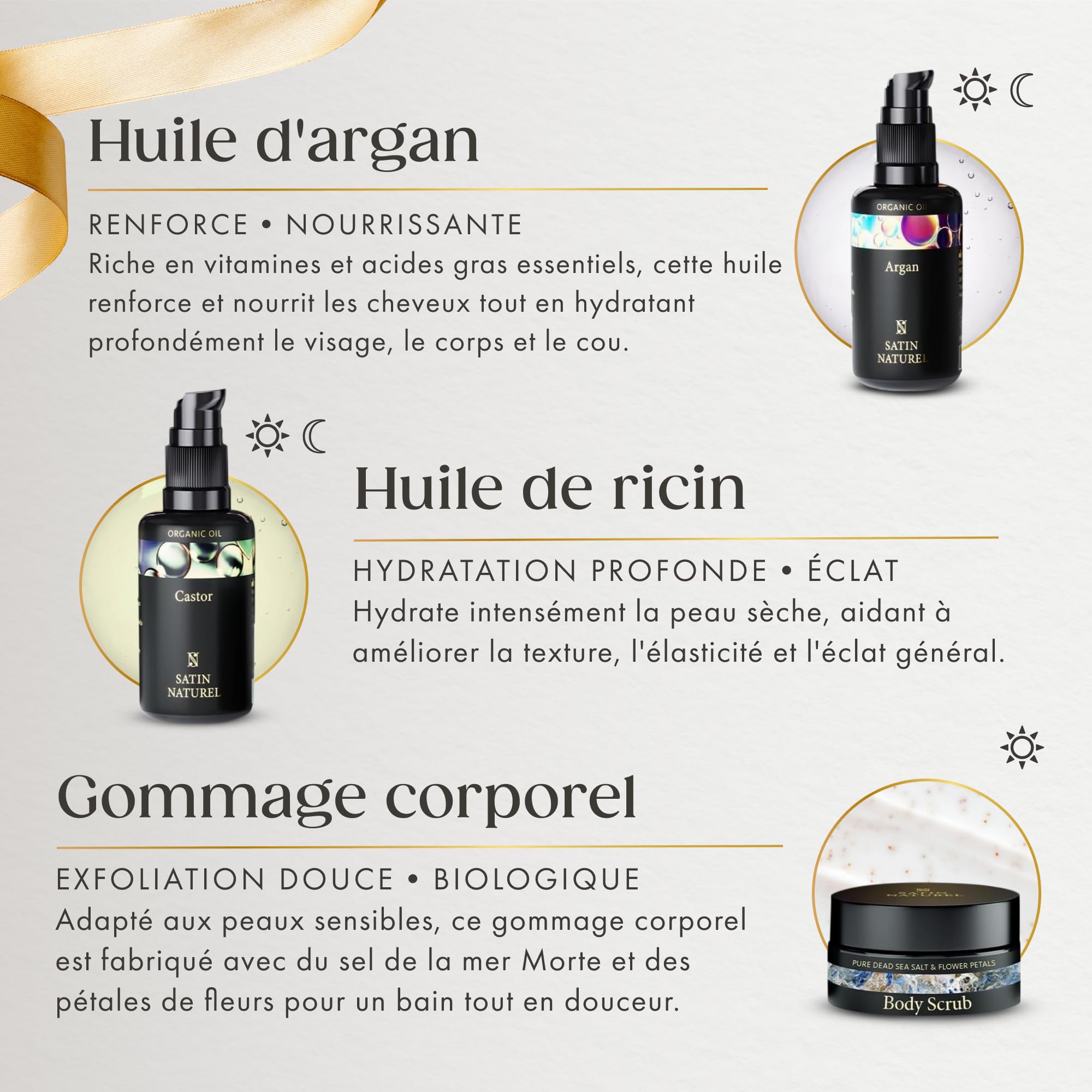 Satin Naturel Coffret Beauté 5x30ml – Huile d’Argan, Ricin, Amande & Jojoba & Gommage Corps – Coffret Cadeau Femme – Idée Cadeau Naturelle