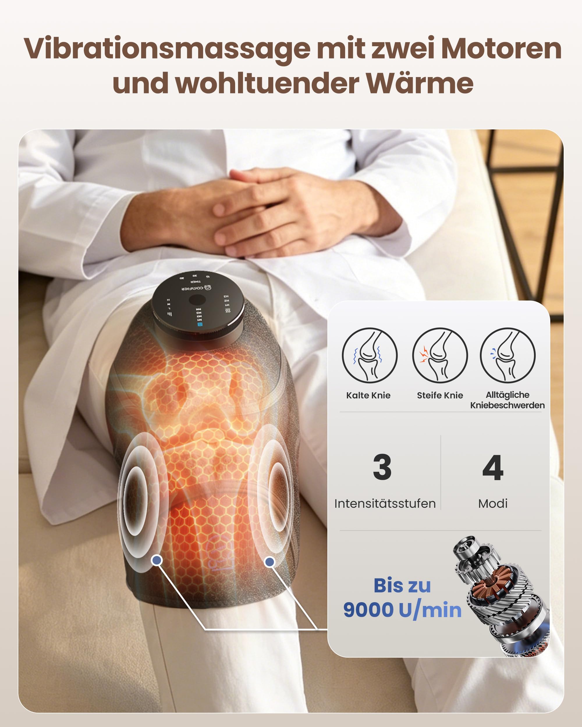 COMFIER 3-in-1 Kabelloses Knie-Massagegerät mit verbesserter Graphenheizung | 4 Vibrationsmodi & 3 Heizstufen, 2500mAh Akku, Für Knie, Ellenbogen & Schultern, Geschenk für Männer und Frauen