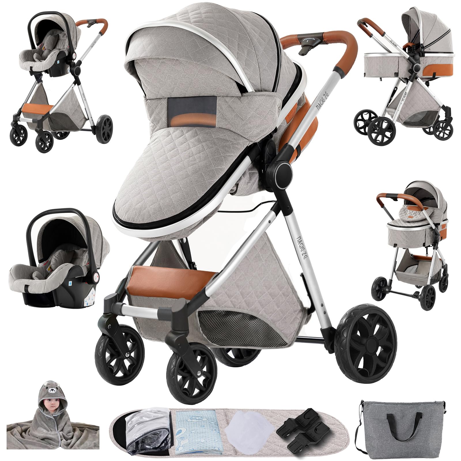 Wózek dziecięcy 3 w 1, wysokiej jakości tkaniny wózek dla niemowląt, dwukierunkowy wózek dziecięcy z przytulnym, wózek dziecięcy (YV9 Light Grey)