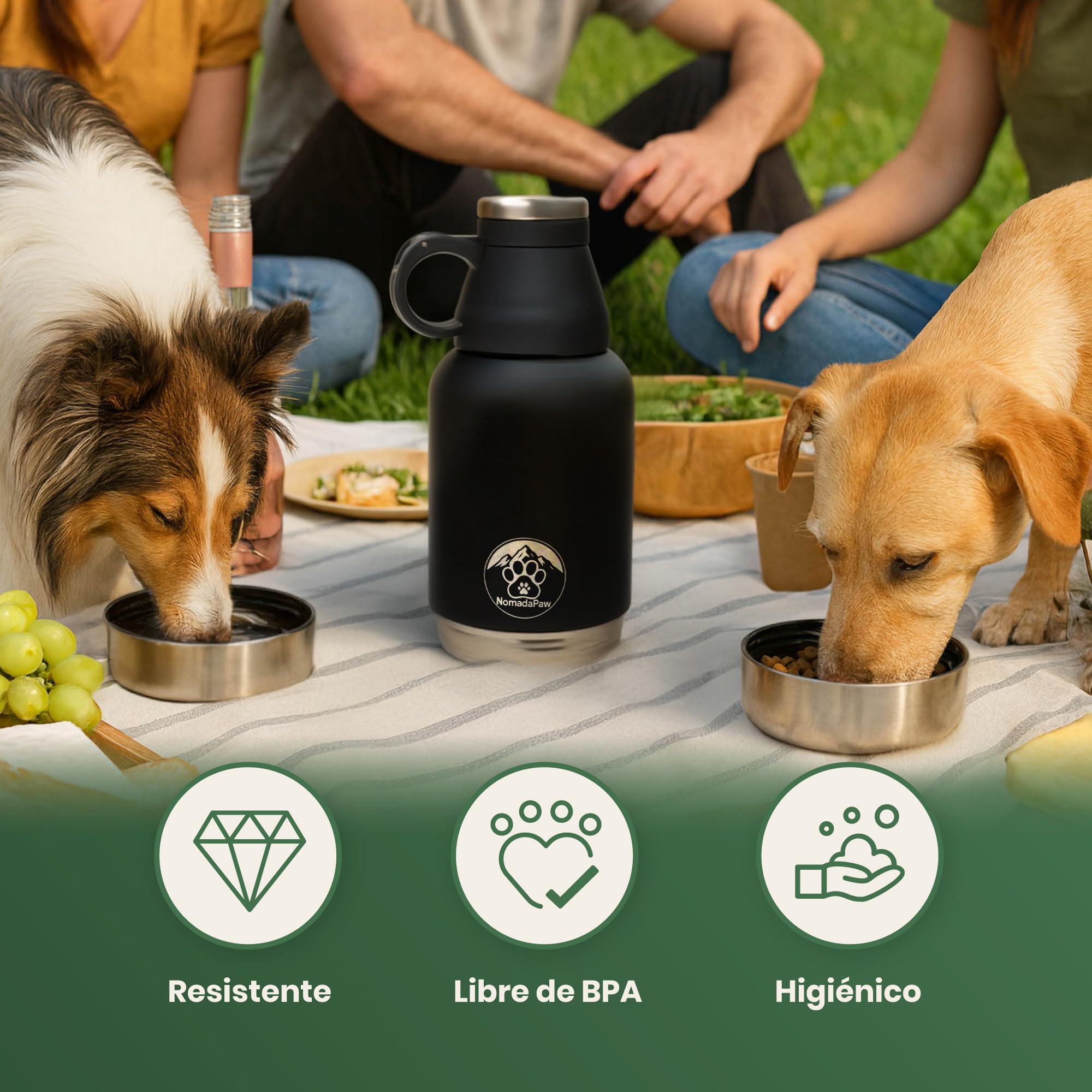 Botella de Agua para Perros 1L de Acero Inoxidable – Bebedero Portátil Térmico con Comedero y 2 Tapas – Incluye Funda Neopreno, Dispensador de Bolsas y Cepillo – Accesorio de Viaje 4 en 1| NomadaPaw