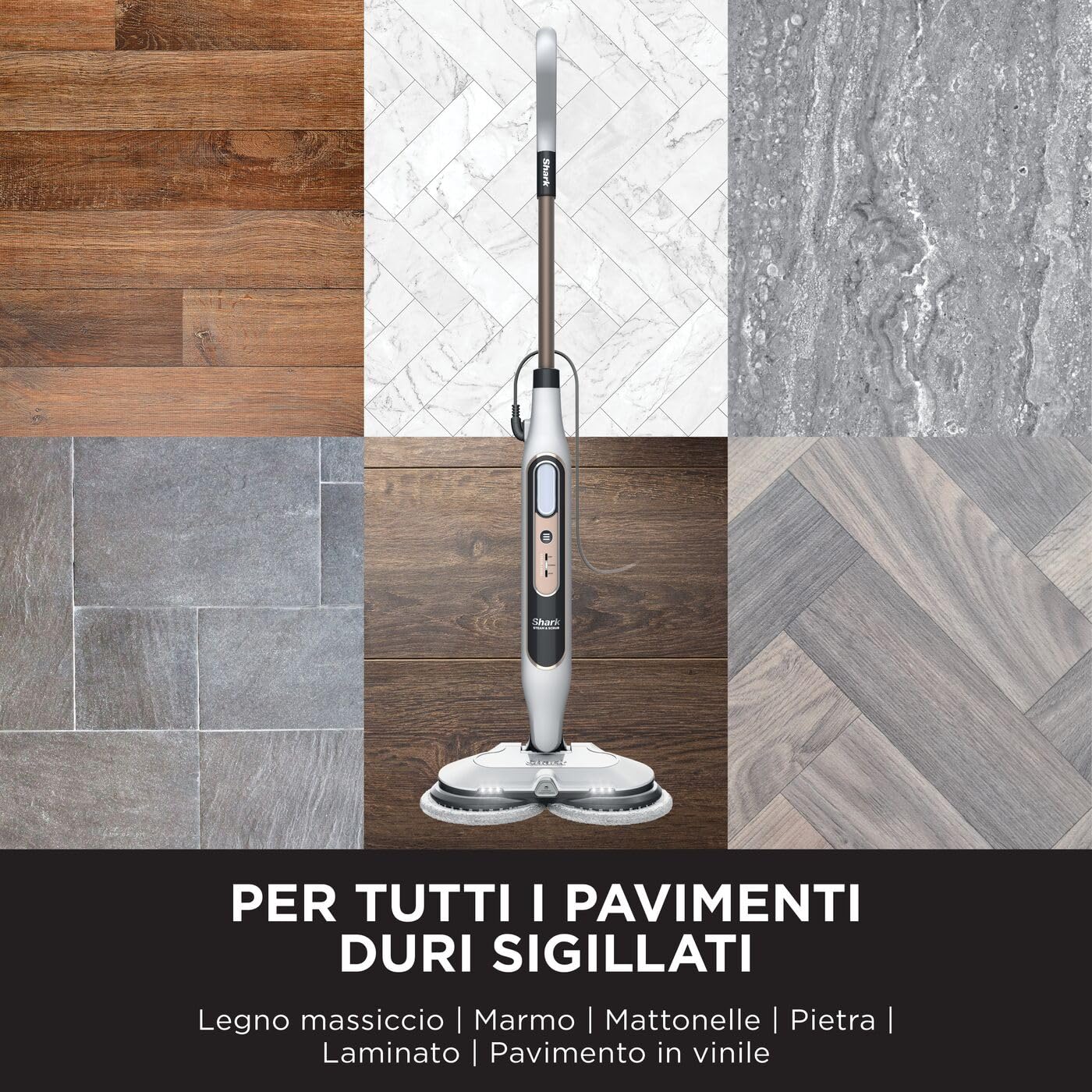 Shark Steam Mop, Scopa a Vapore Lavapavimenti Automatico con Steam Blaster, 2 Panni Lavabili Rotanti, 3 Modalità, Igienizza, Rimuove Macchie e Sporco, Tutti i Tipi di Pavimenti, Bianco/Grigio, S8201EU